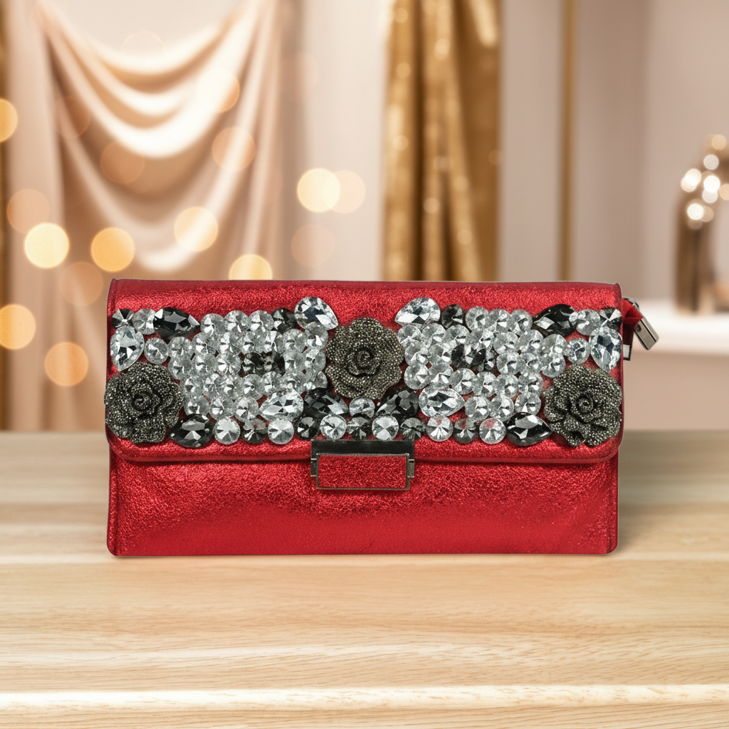 Red Embellished Designer Clutch For Functions