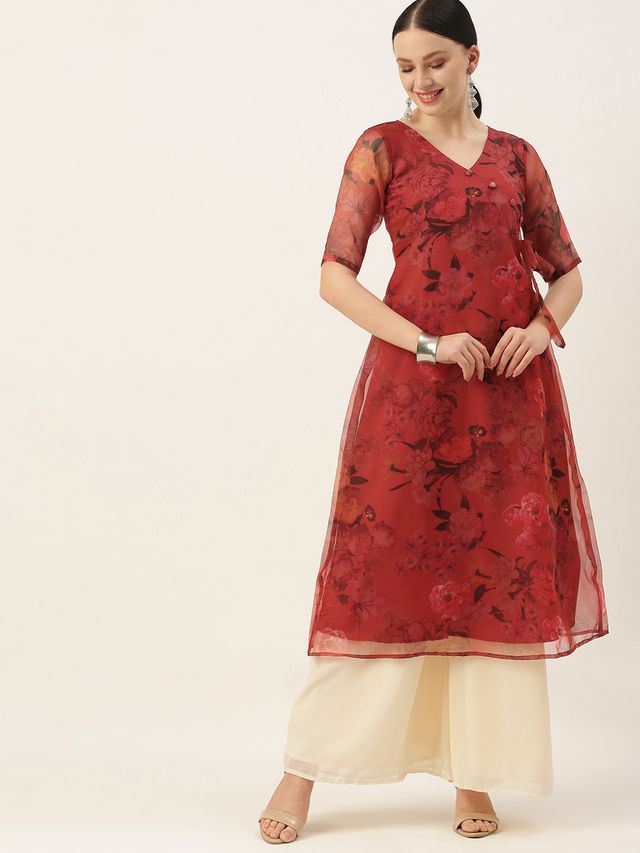 Bollywood Vogue Ready To Wear Red N Off White Printed Palazzo Set