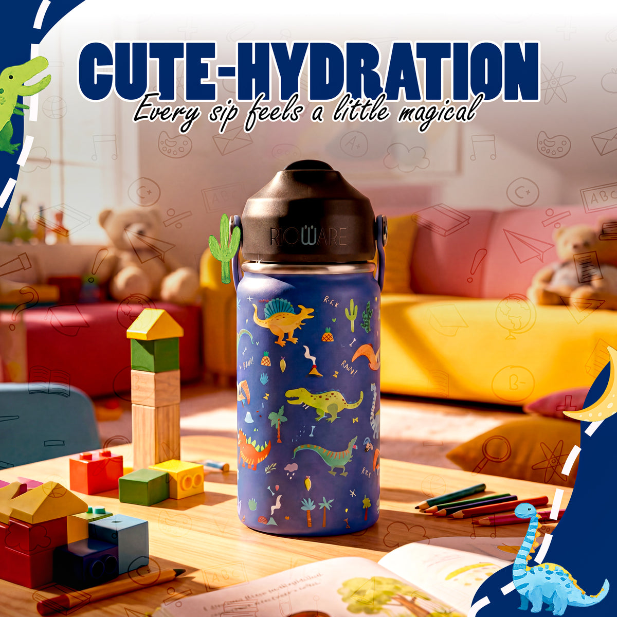 Rioware Kids Insulated Stainless Steel Water Bottle 350ml | Double Wall Vacuum | 24 Hrs Cold & 12 Hrs Hot | Leakproof Flip Top with Straw | BPA-Free | School Bottle with Carry Loop (350 Ml, Blue)