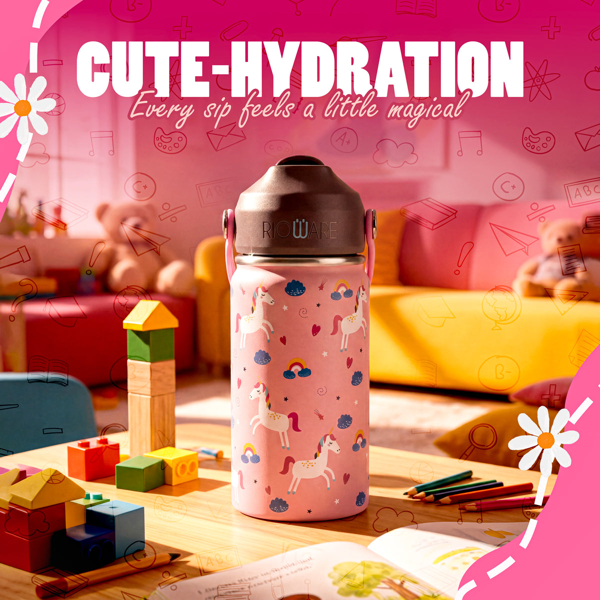 Rioware Kids Insulated Stainless Steel Water Bottle 350ml | Double Wall Vacuum | 24 Hrs Cold & 12 Hrs Hot | Leakproof Flip Top with Straw | BPA-Free | School Bottle with Carry Loop (350 Ml, Pink)