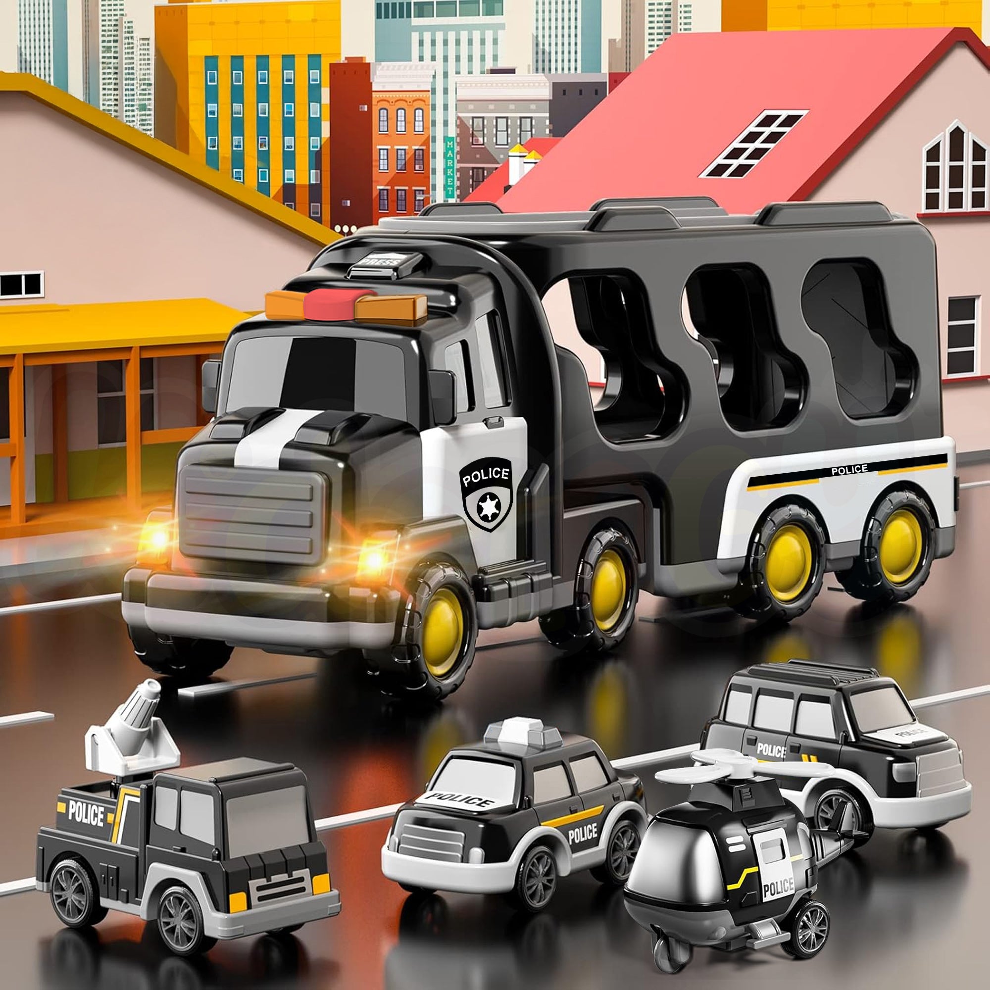 Kidology 5 in 1 Police Trucks Boy Toys for 3-5 Year Old Toddlers - Toys for 3 4 5 6 7 Years Old Transport Vehicle Carrier Truck Sets Kids Boys & Girls