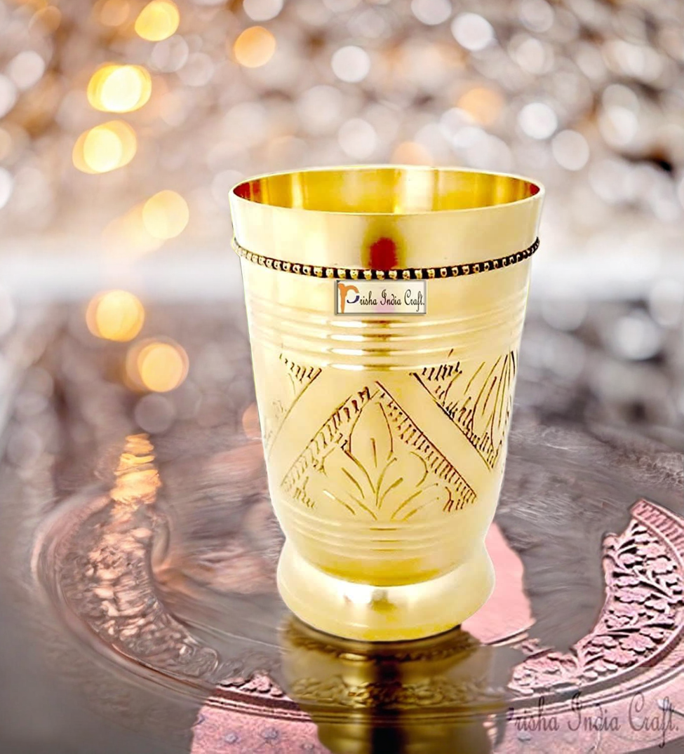 Pure brass mughlai style embossed design glass tumbler (250ml) | PRISHA INDIA CRAFT