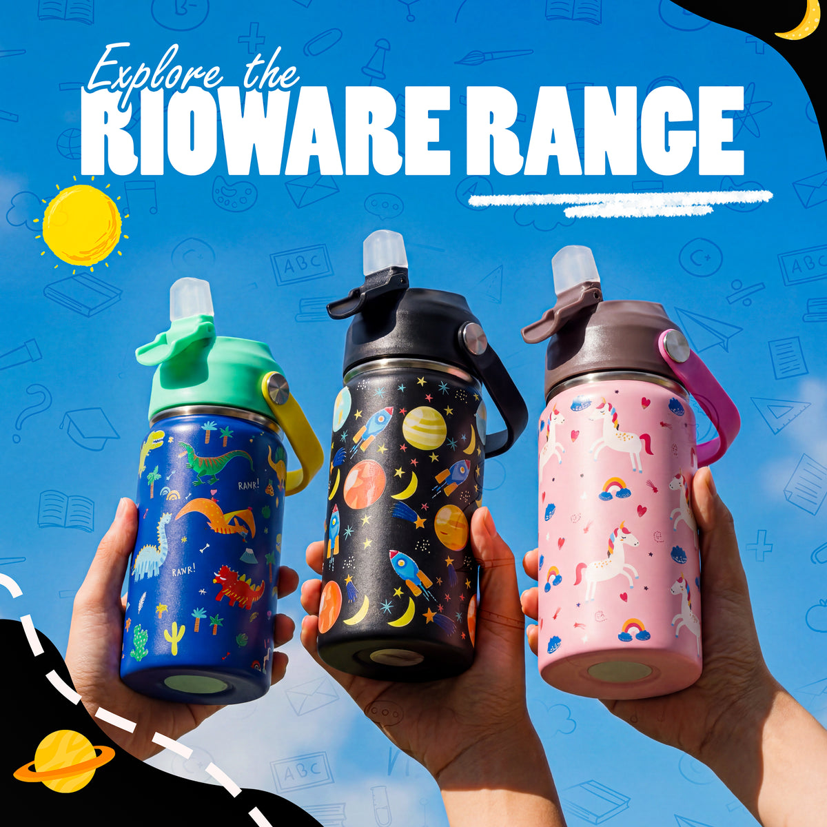 Rioware water bottle for Kids girls boys School Insulated Stainless Steel 350ml Upto 12 Years | Double Wall Vacuum | 24 Hrs Cold & 12 Hrs Hot | Leakproof Flip Top with Straw | Carry Loop - Black