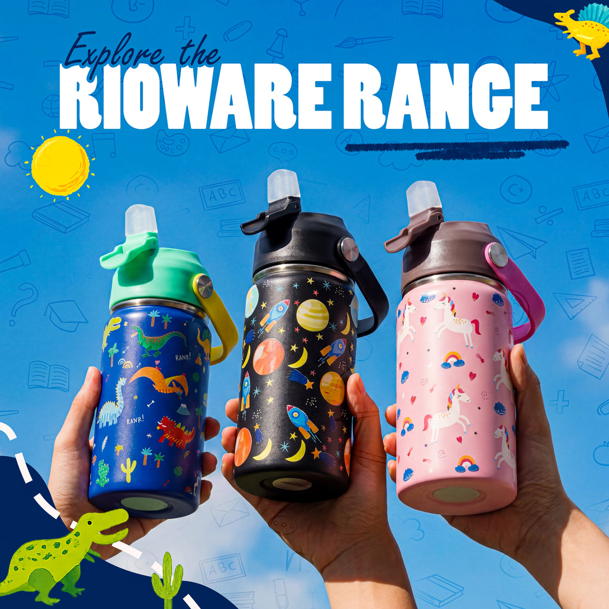 Rioware Kids Insulated Stainless Steel Water Bottle 350ml | Double Wall Vacuum | 24 Hrs Cold & 12 Hrs Hot | Leakproof Flip Top with Straw | BPA-Free | School Bottle with Carry Loop (350 Ml, Blue)