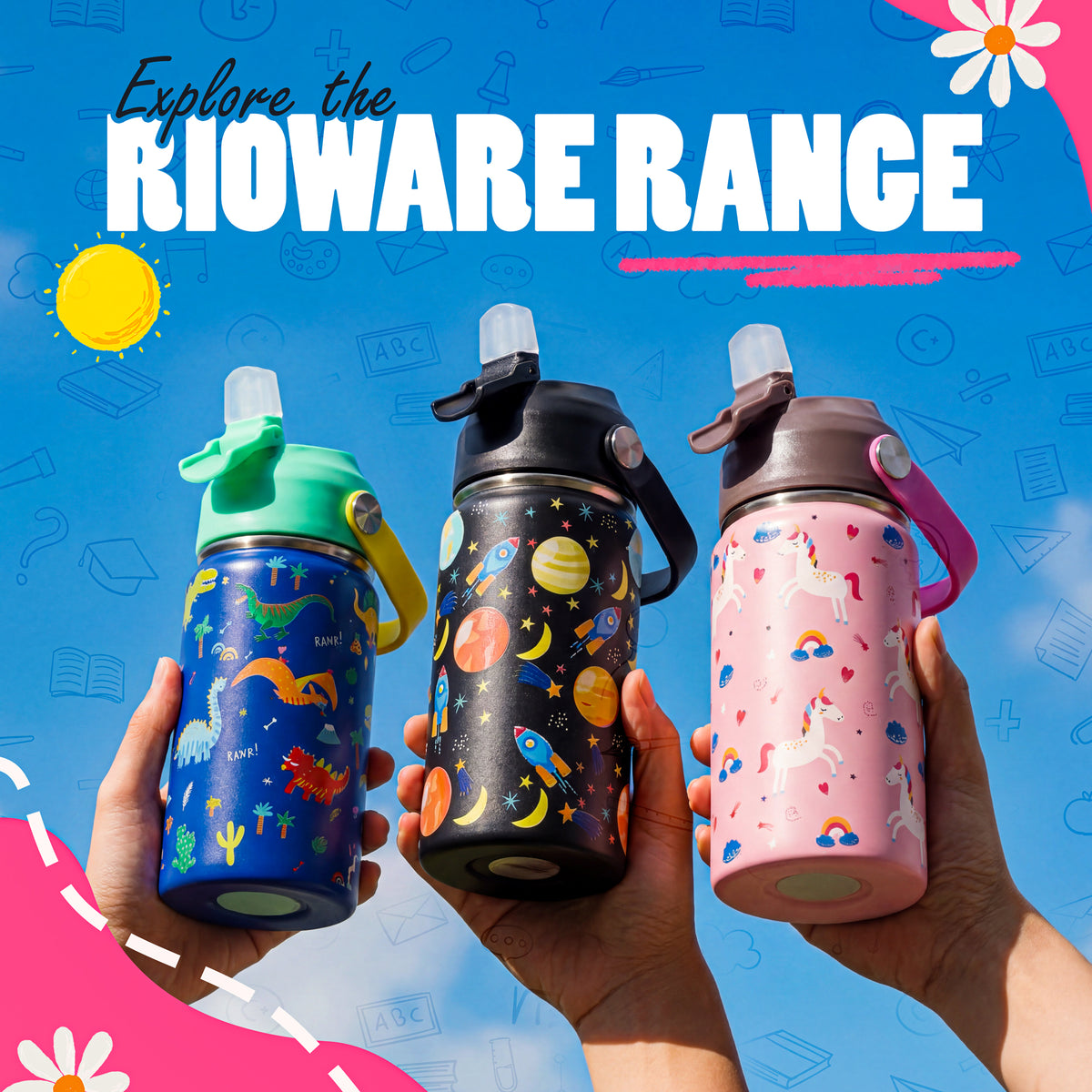 Rioware Kids Insulated Stainless Steel Water Bottle 350ml | Double Wall Vacuum | 24 Hrs Cold & 12 Hrs Hot | Leakproof Flip Top with Straw | BPA-Free | School Bottle with Carry Loop (350 Ml, Pink)