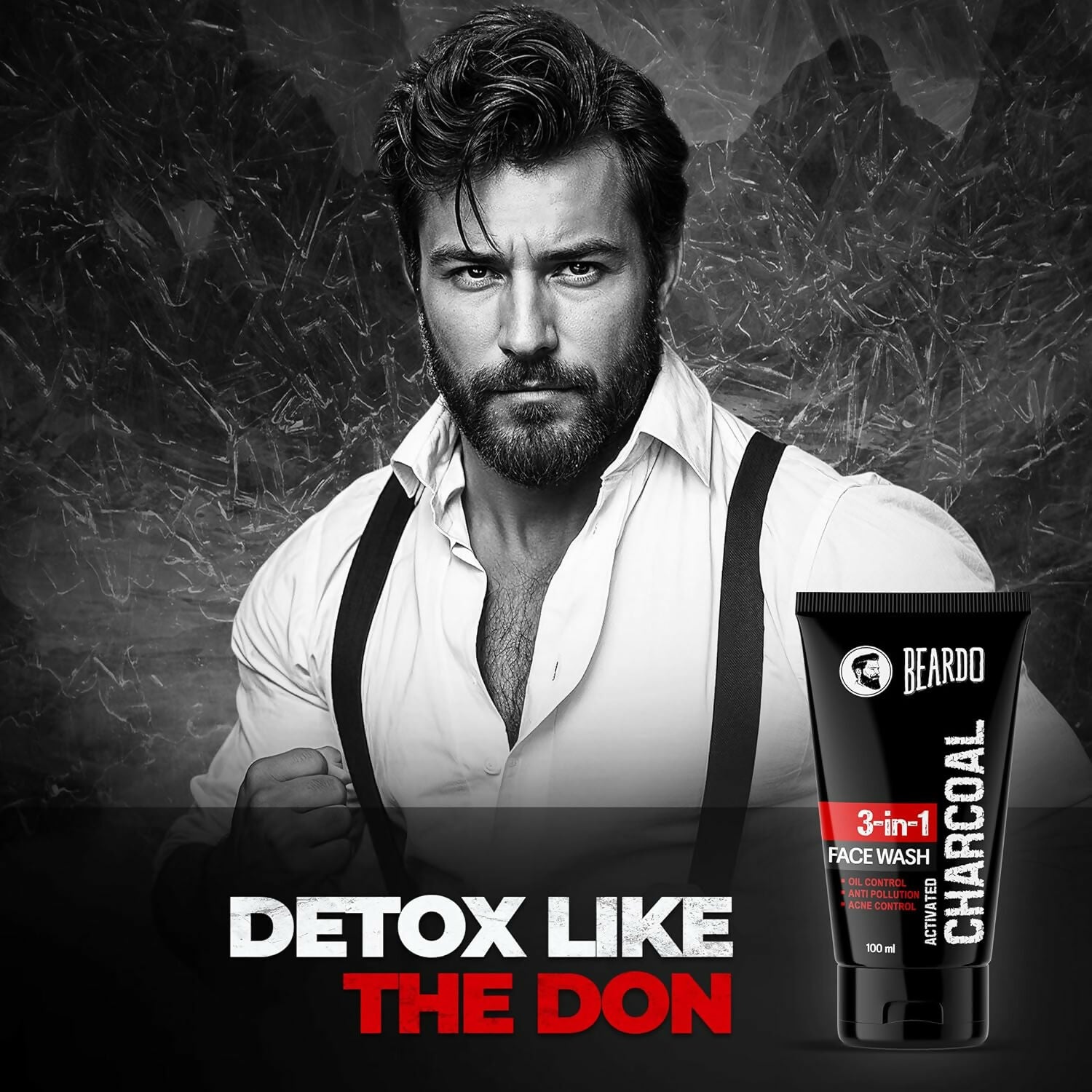 Beardo 3 in 1 Activated Charcoal Face Wash Deep Cleanse Oil Control and Detox for Oily Skin 100ml