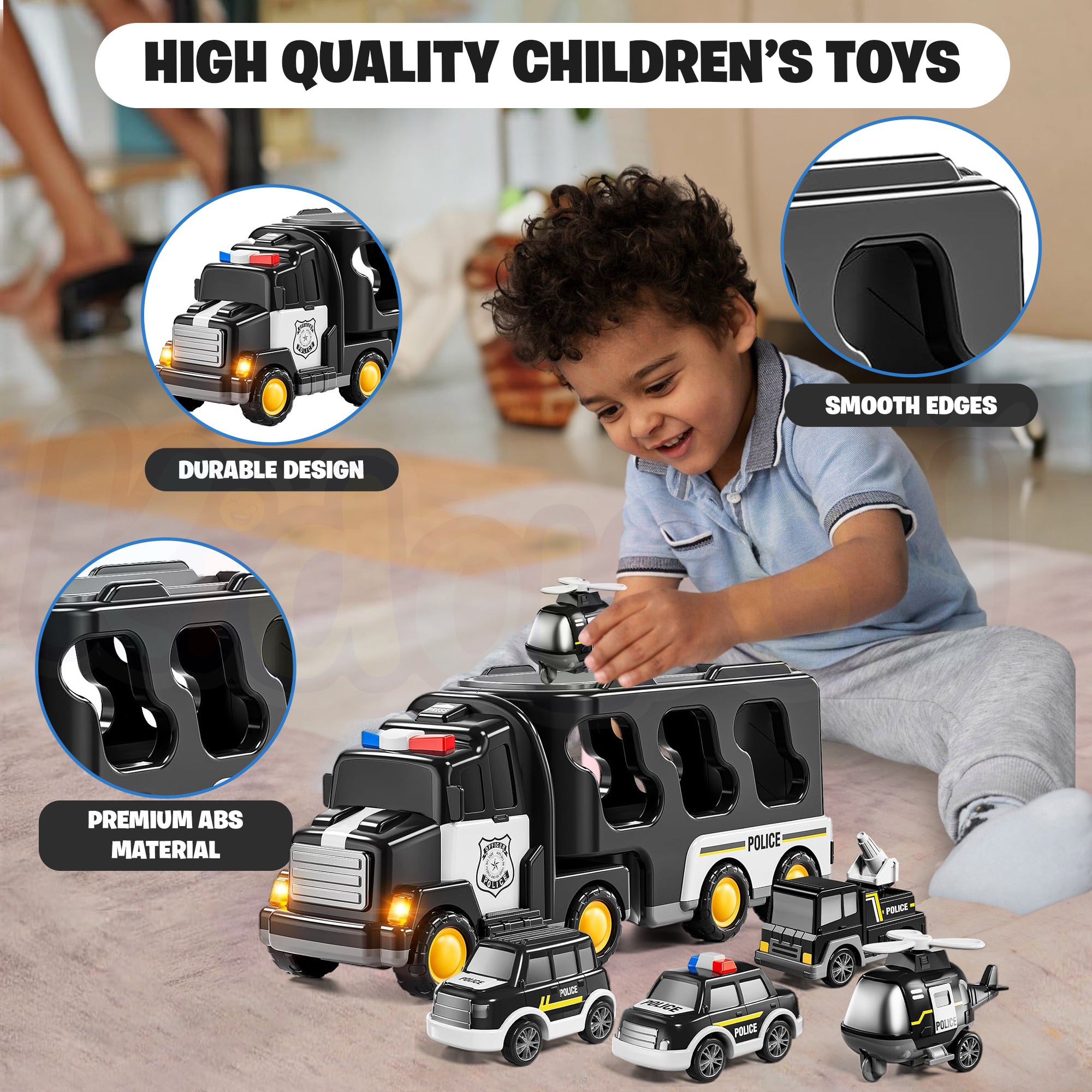 Kidology 5 in 1 Police Trucks Boy Toys for 3-5 Year Old Toddlers - Toys for 3 4 5 6 7 Years Old Transport Vehicle Carrier Truck Sets Kids Boys & Girls