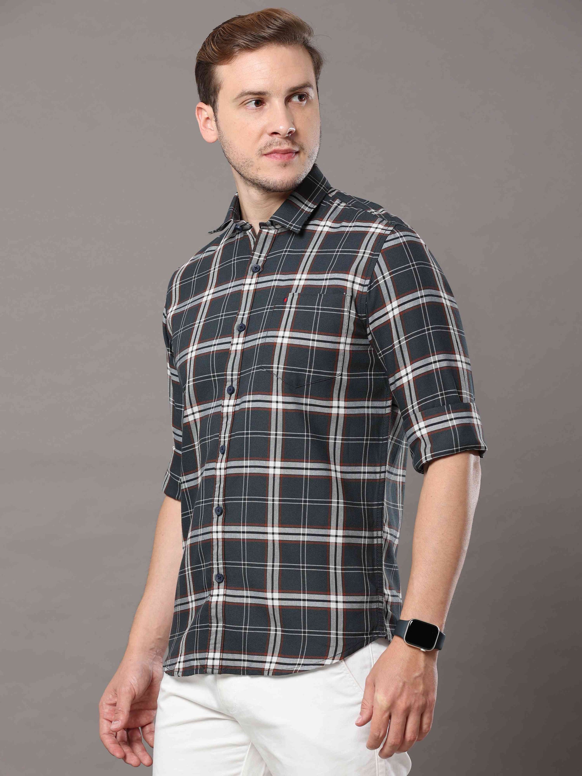Men's Dark Green Slim Fit Checks Full Sleeves Casual Shirts