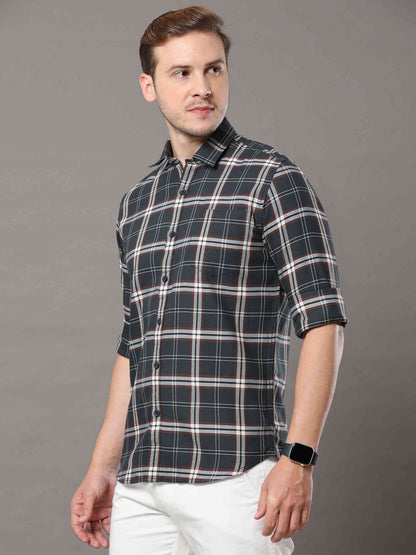 Men's Dark Green Slim Fit Checks Full Sleeves Casual Shirts