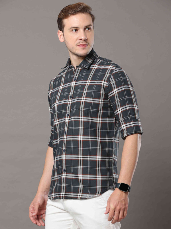 Men's Dark Green Slim Fit Checks Full Sleeves Casual Shirts