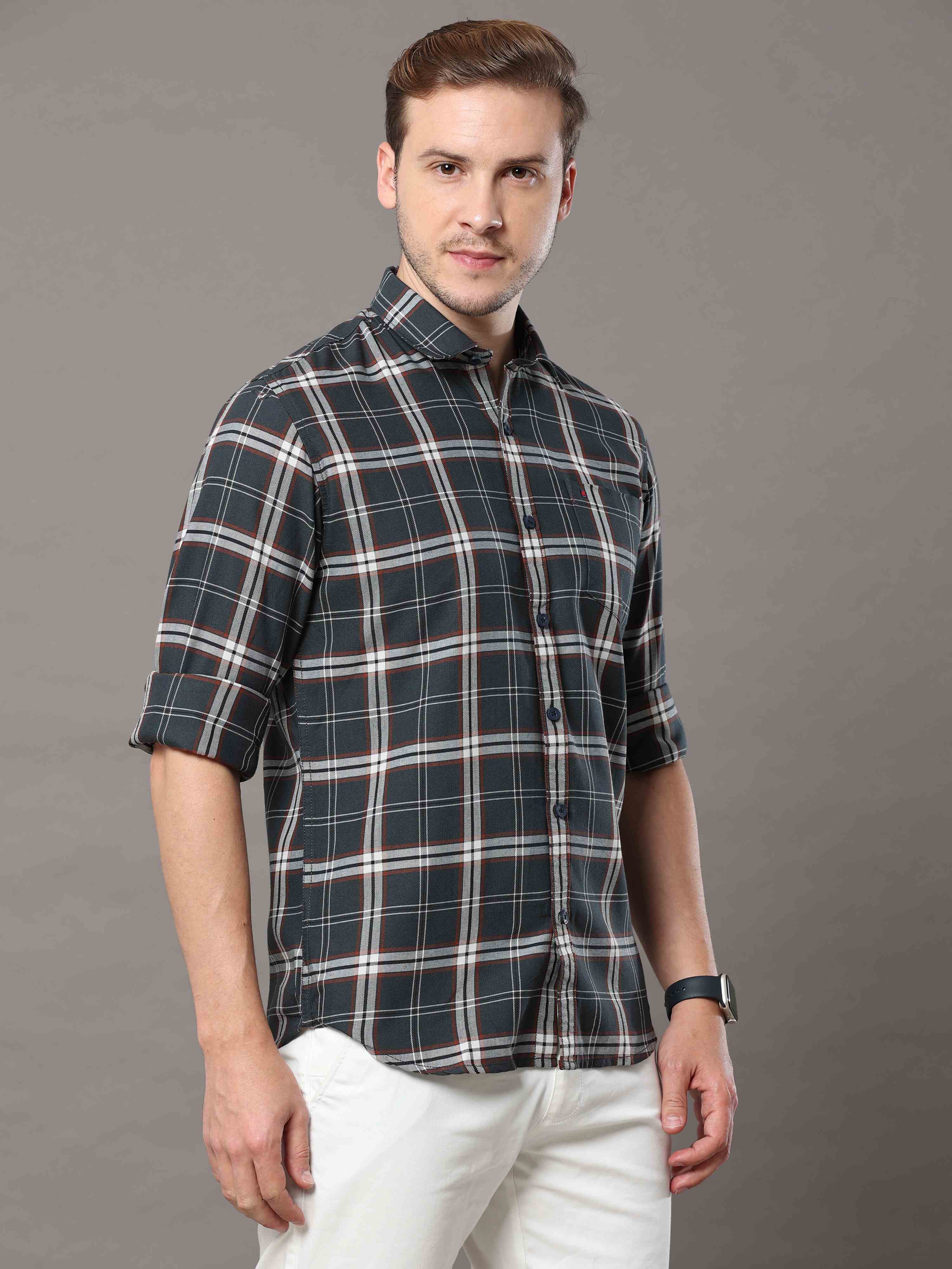 Men's Dark Green Slim Fit Checks Full Sleeves Casual Shirts