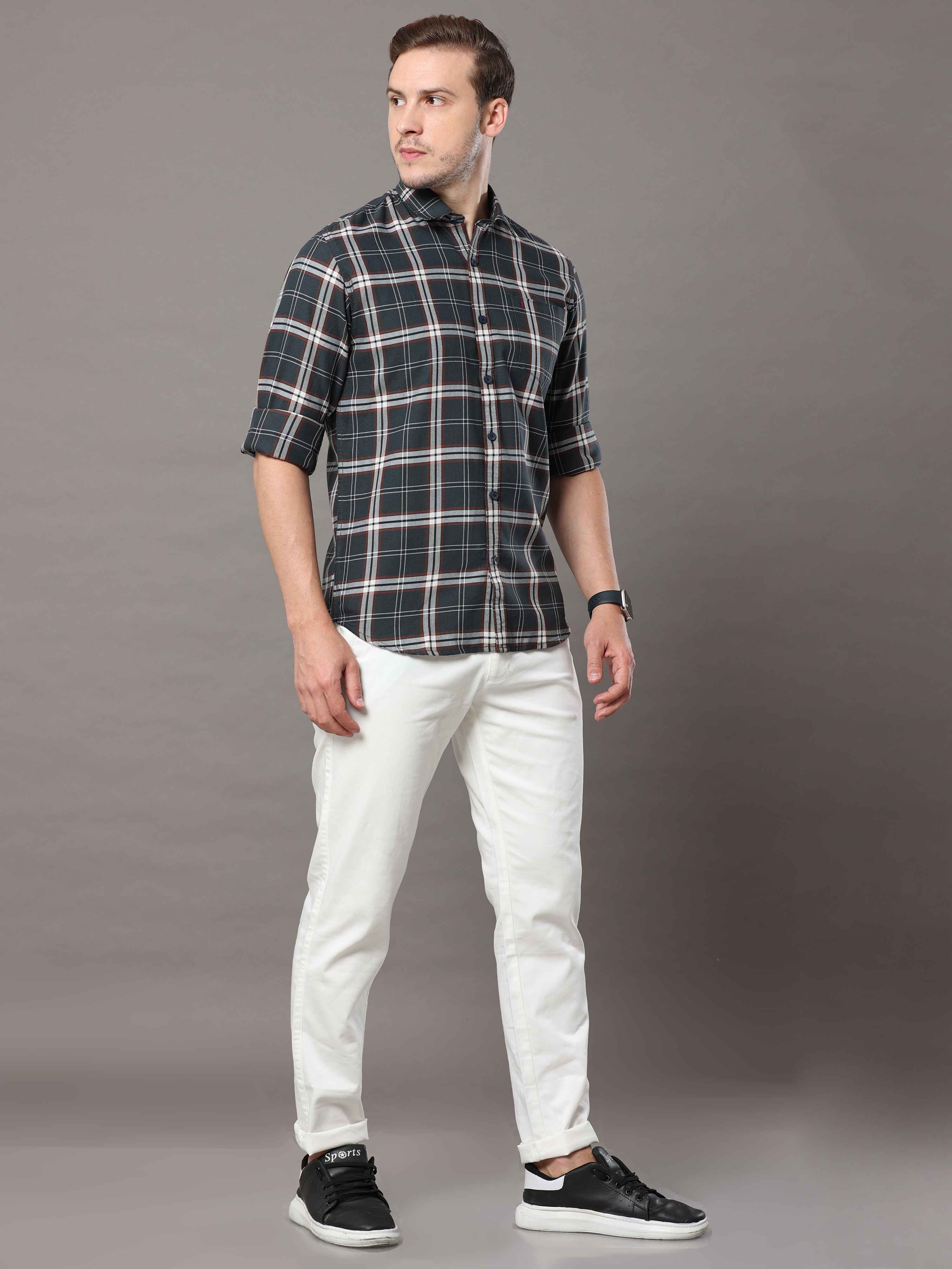 Men's Dark Green Slim Fit Checks Full Sleeves Casual Shirts