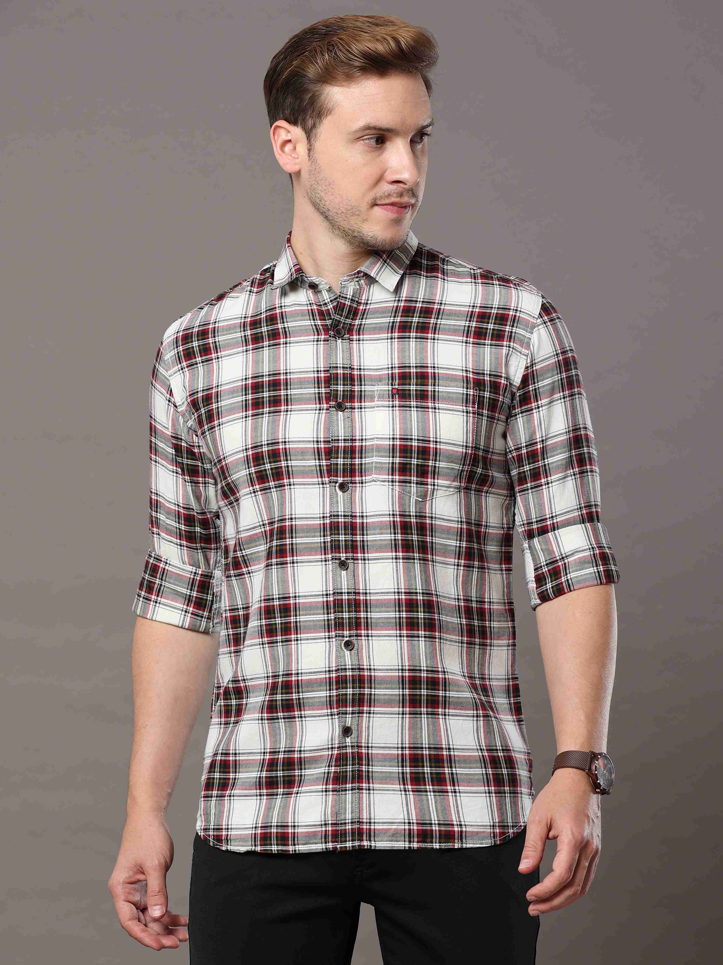 Men's White Slim Fit Checks Full Sleeves Casual Shirts