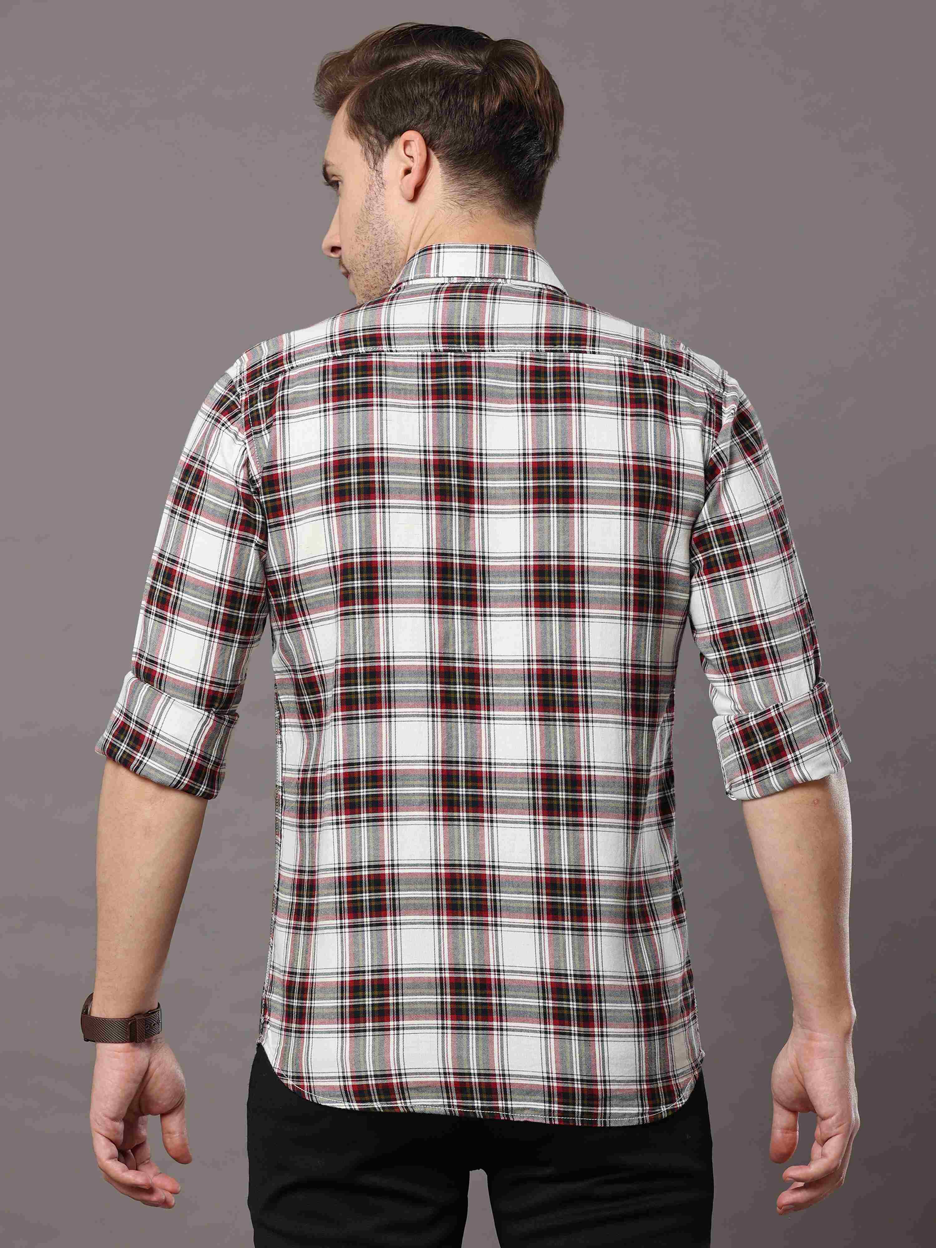Men's White Slim Fit Checks Full Sleeves Casual Shirts