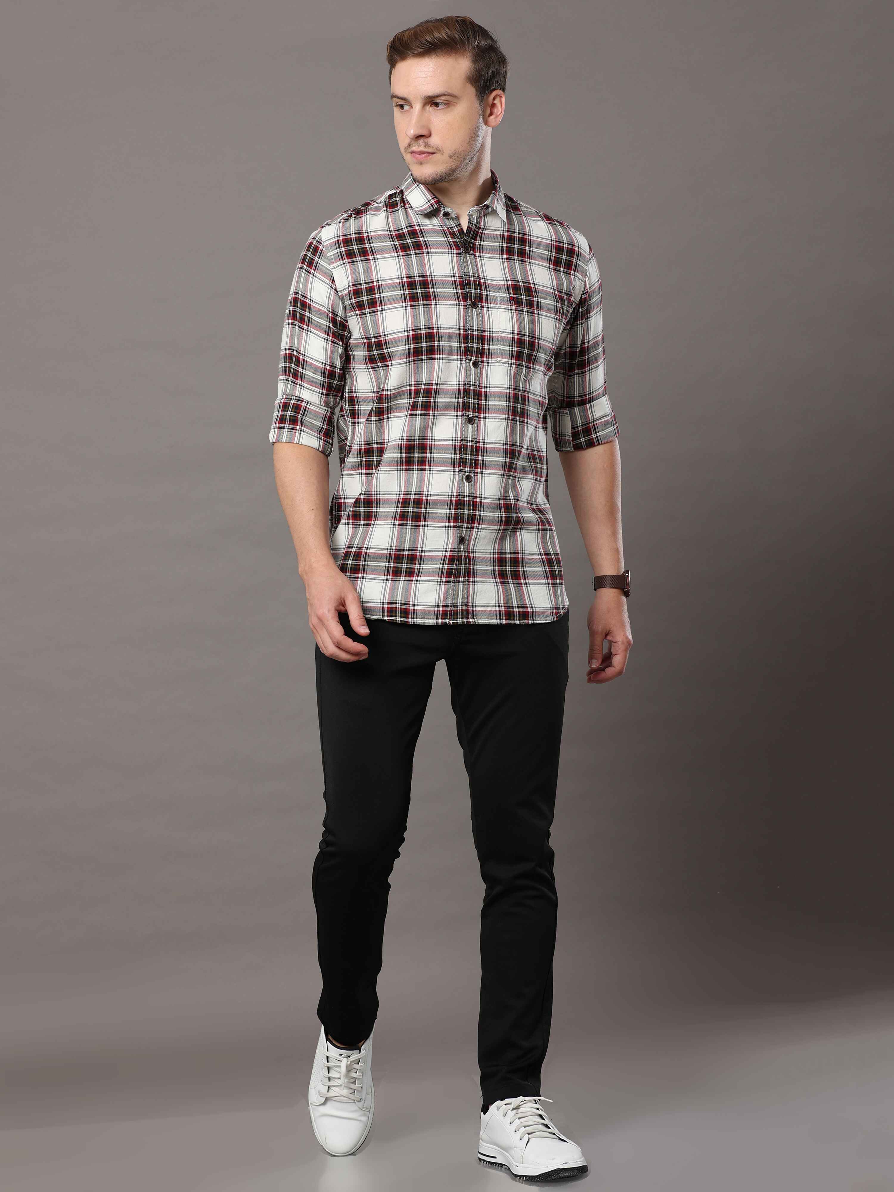 Men's White Slim Fit Checks Full Sleeves Casual Shirts