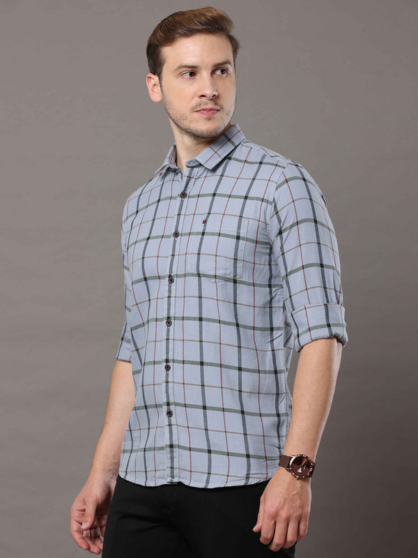 Men's Grey Slim Fit Checks Full Sleeves Casual Shirts