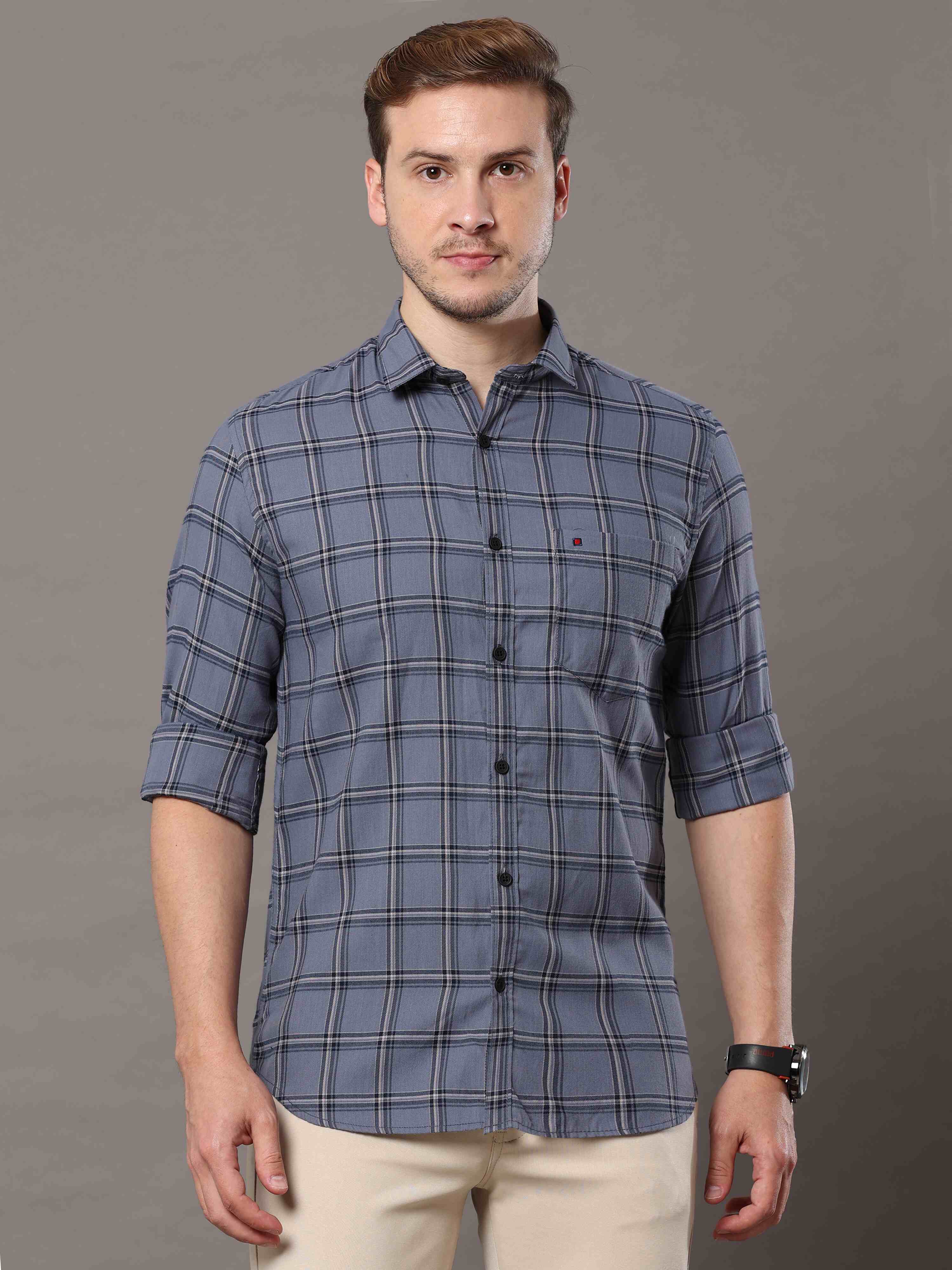 Men's Grey Slim Fit Checks Full Sleeves Casual Shirts