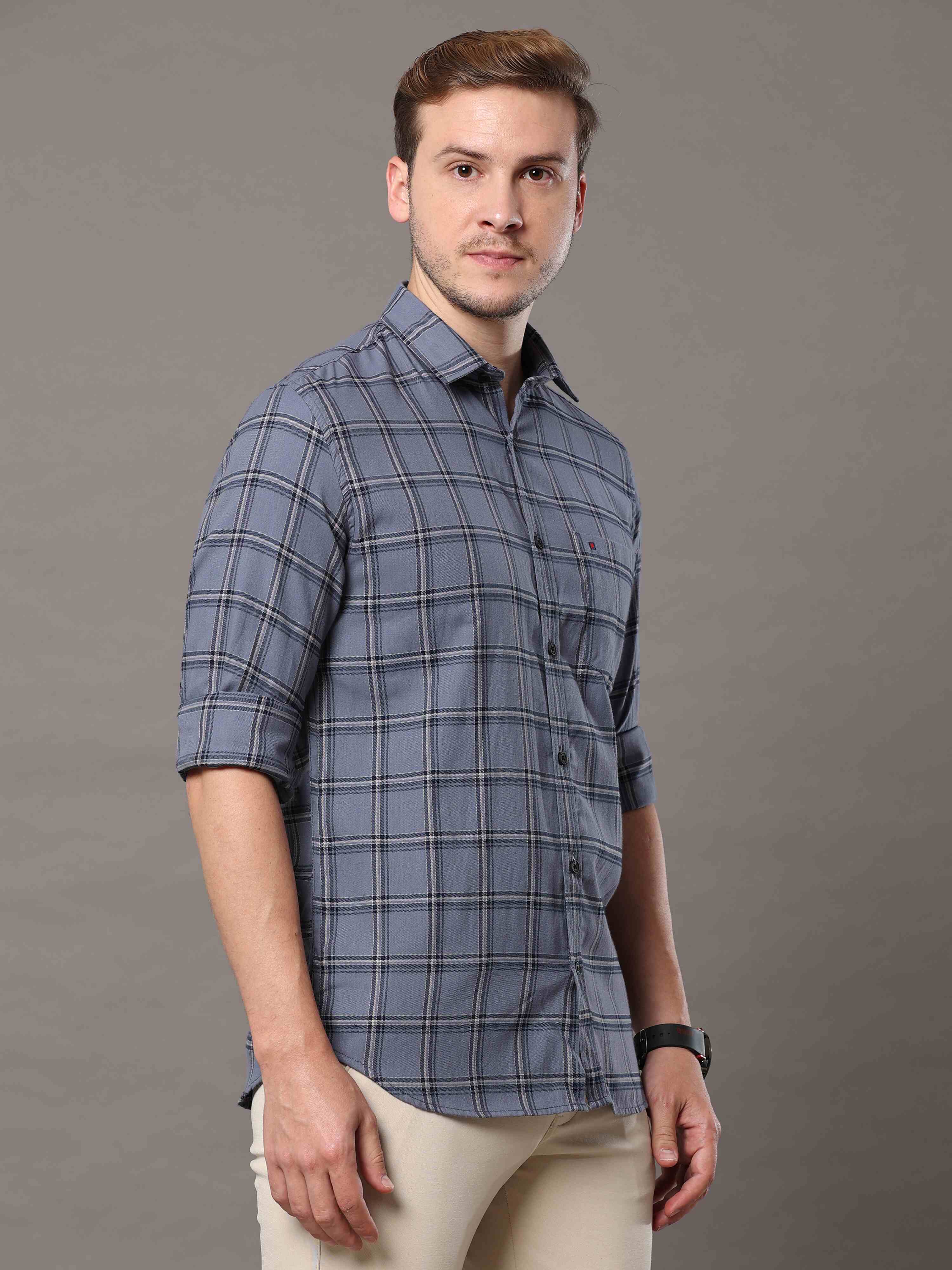 Men's Grey Slim Fit Checks Full Sleeves Casual Shirts