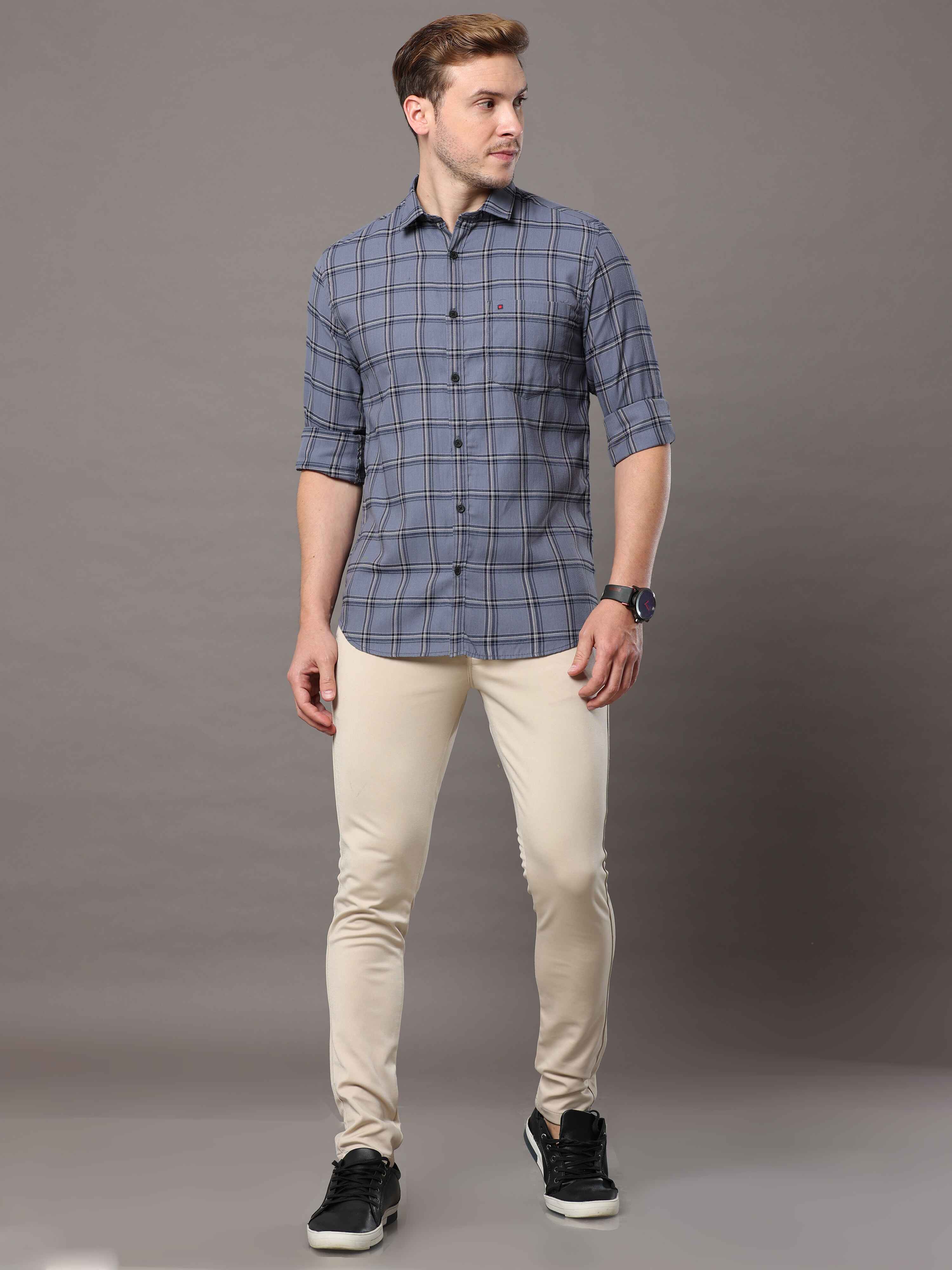 Men's Grey Slim Fit Checks Full Sleeves Casual Shirts