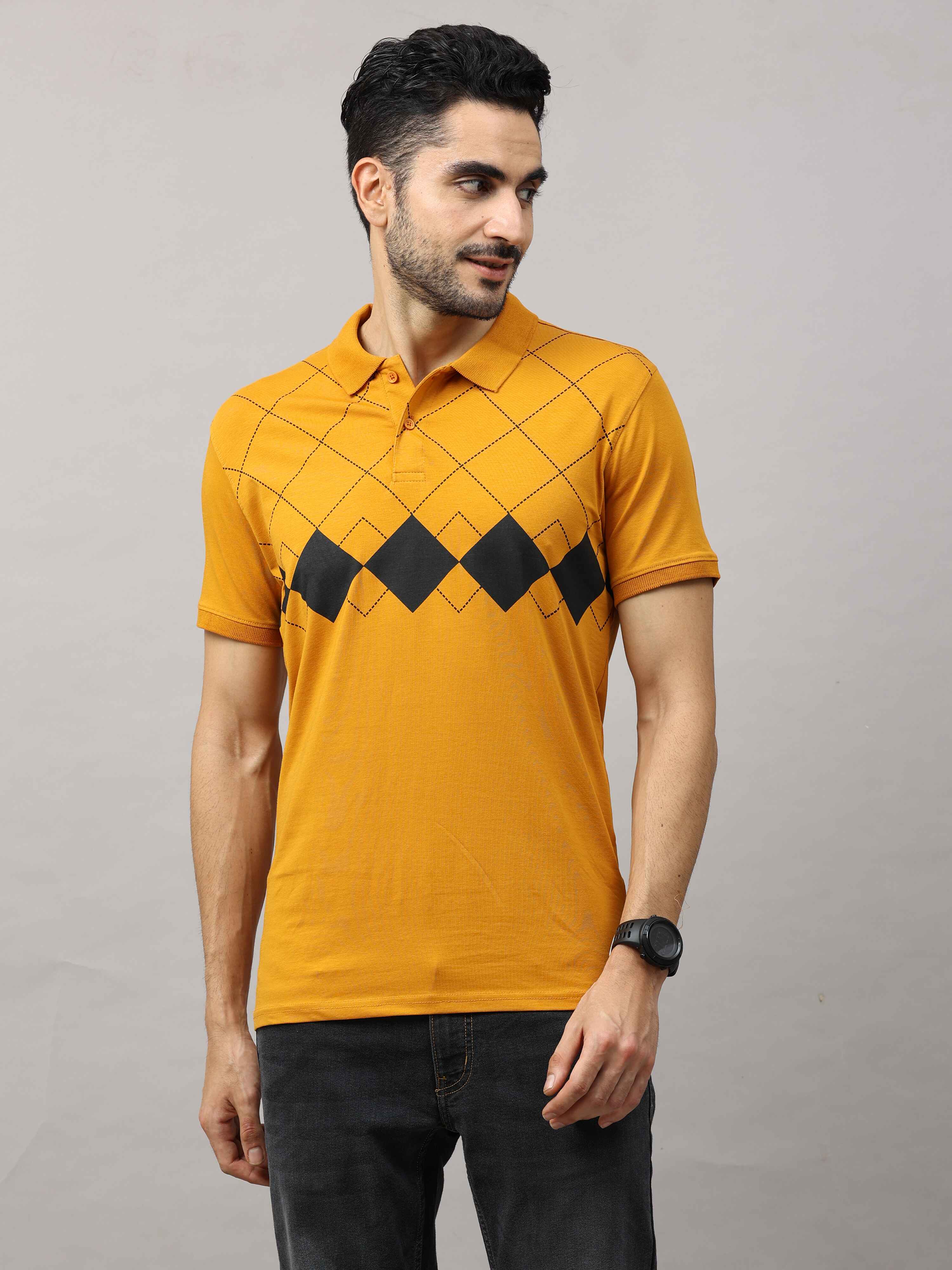 Men's Mustard Regular Fit Printed Half Sleeves Polo Neck T-Shirt