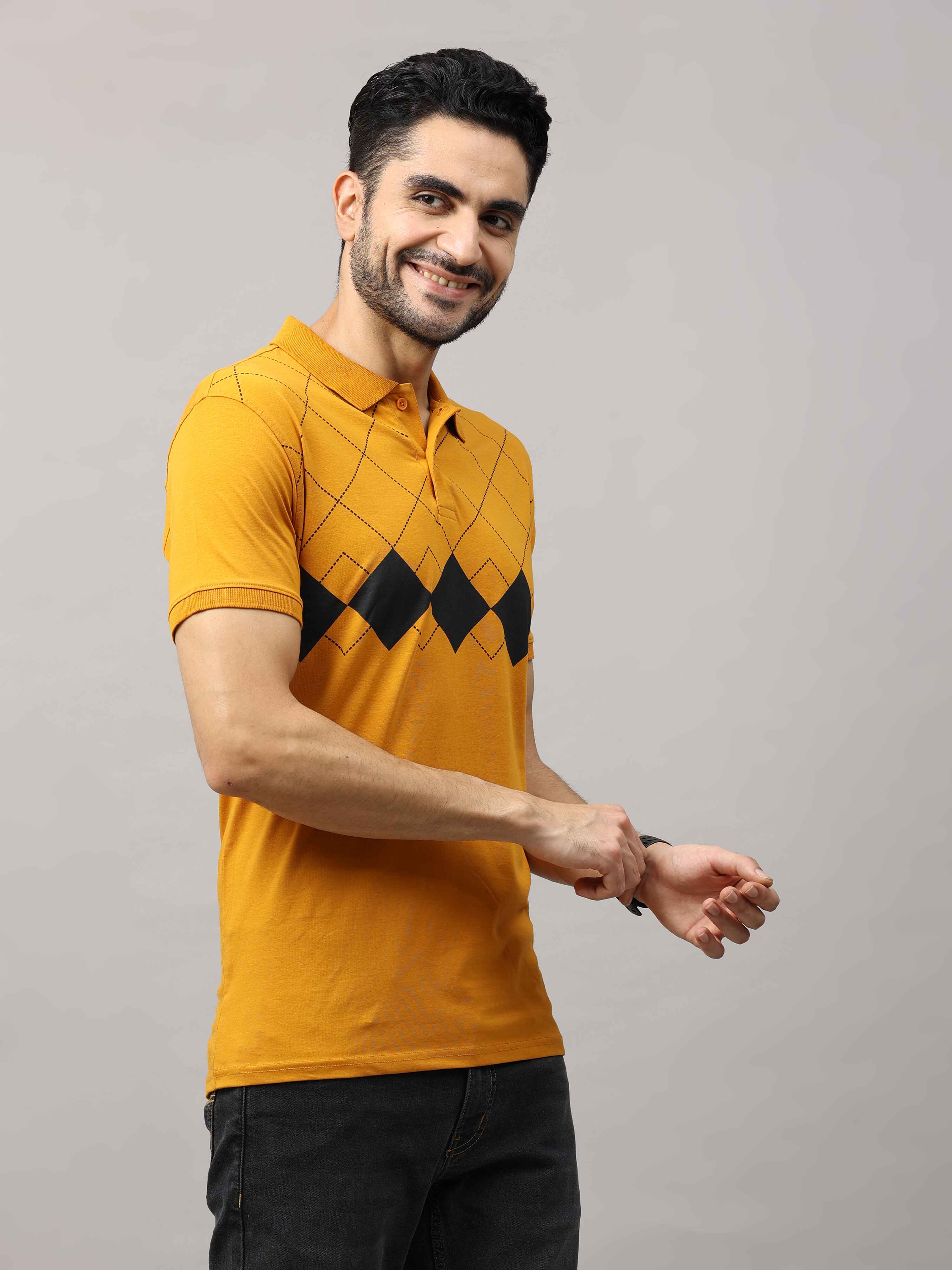 Men's Mustard Regular Fit Printed Half Sleeves Polo Neck T-Shirt