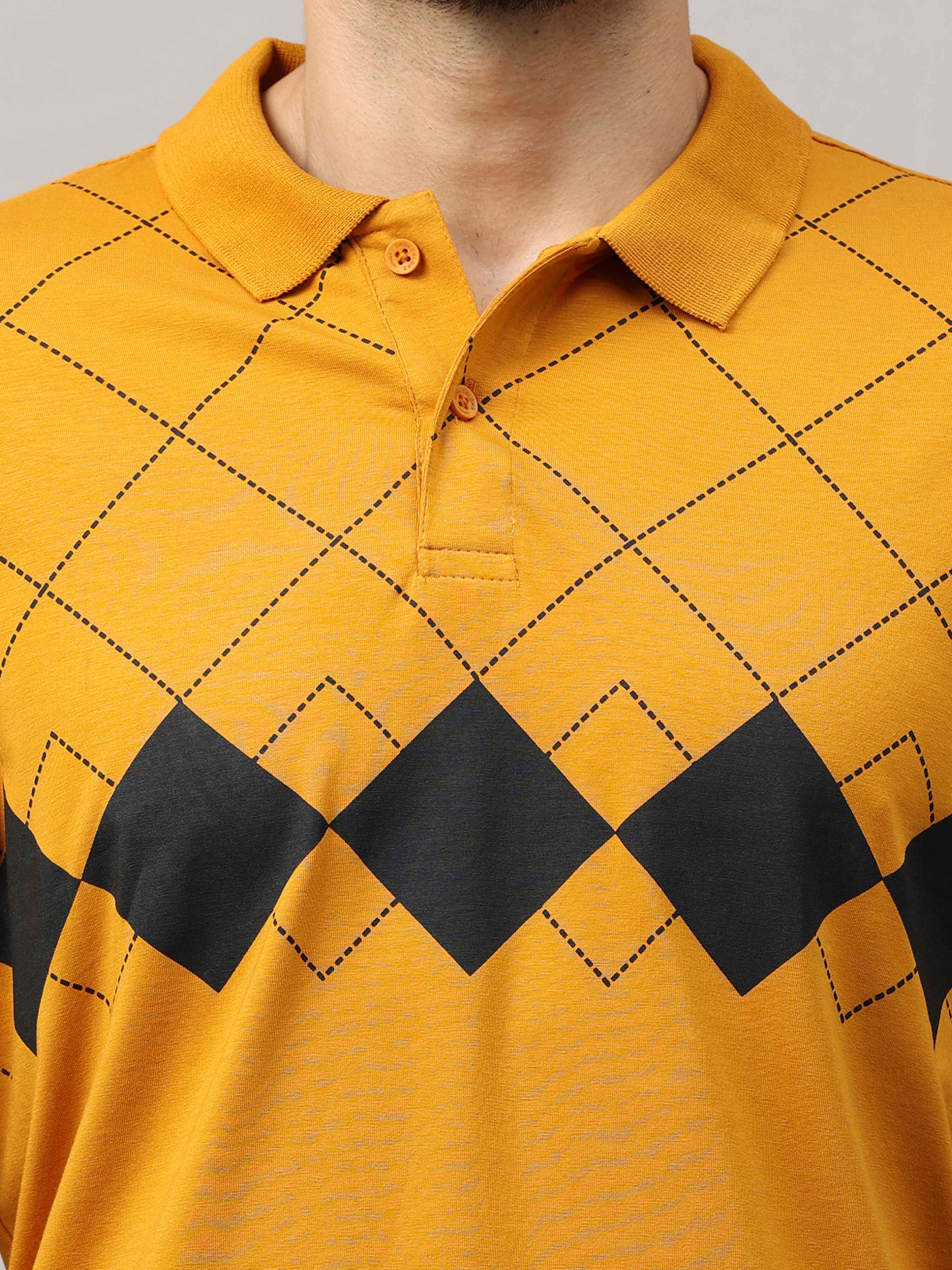 Men's Mustard Regular Fit Printed Half Sleeves Polo Neck T-Shirt