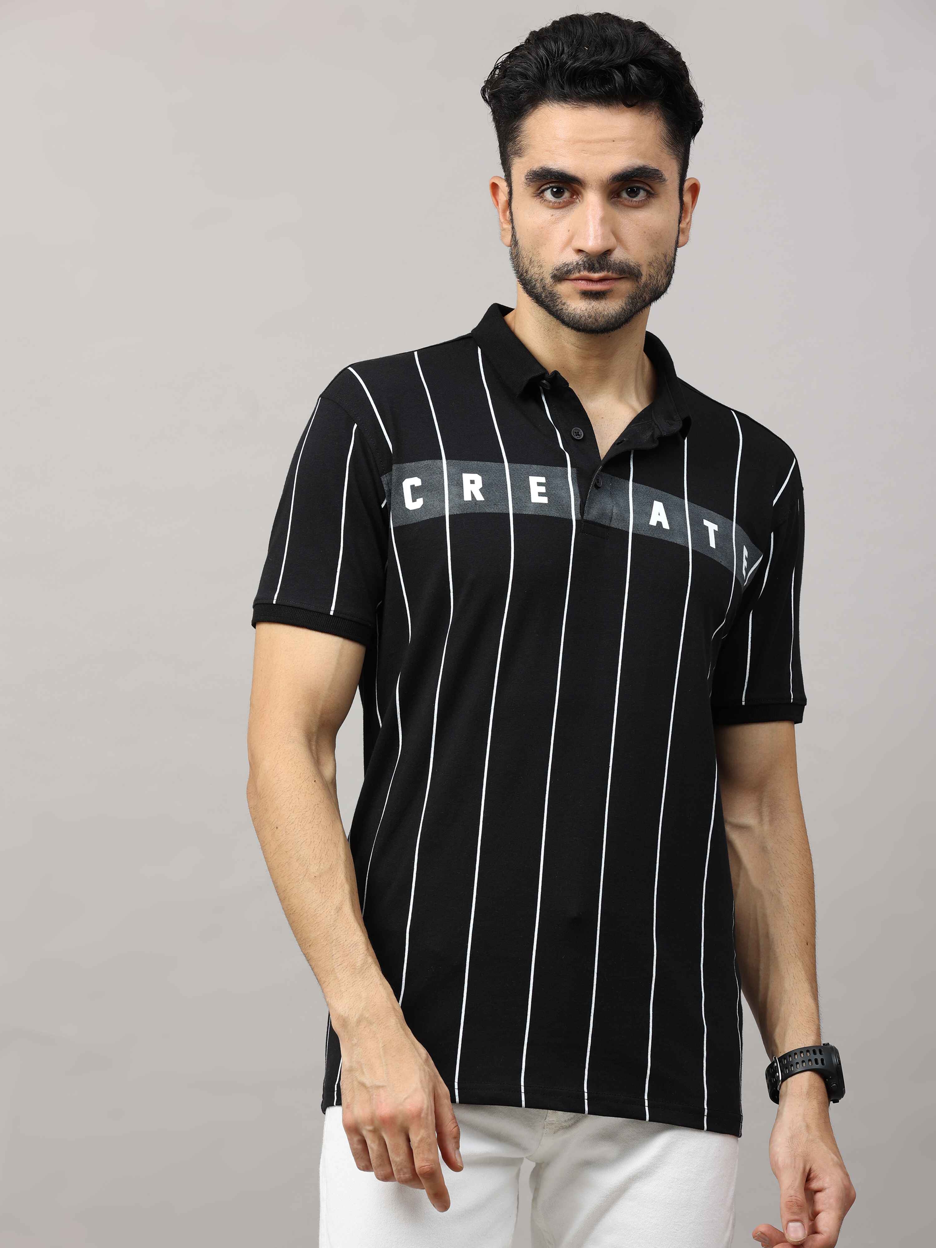 Men's Black Regular Fit Stripes Half Sleeves Polo Neck T-Shirt
