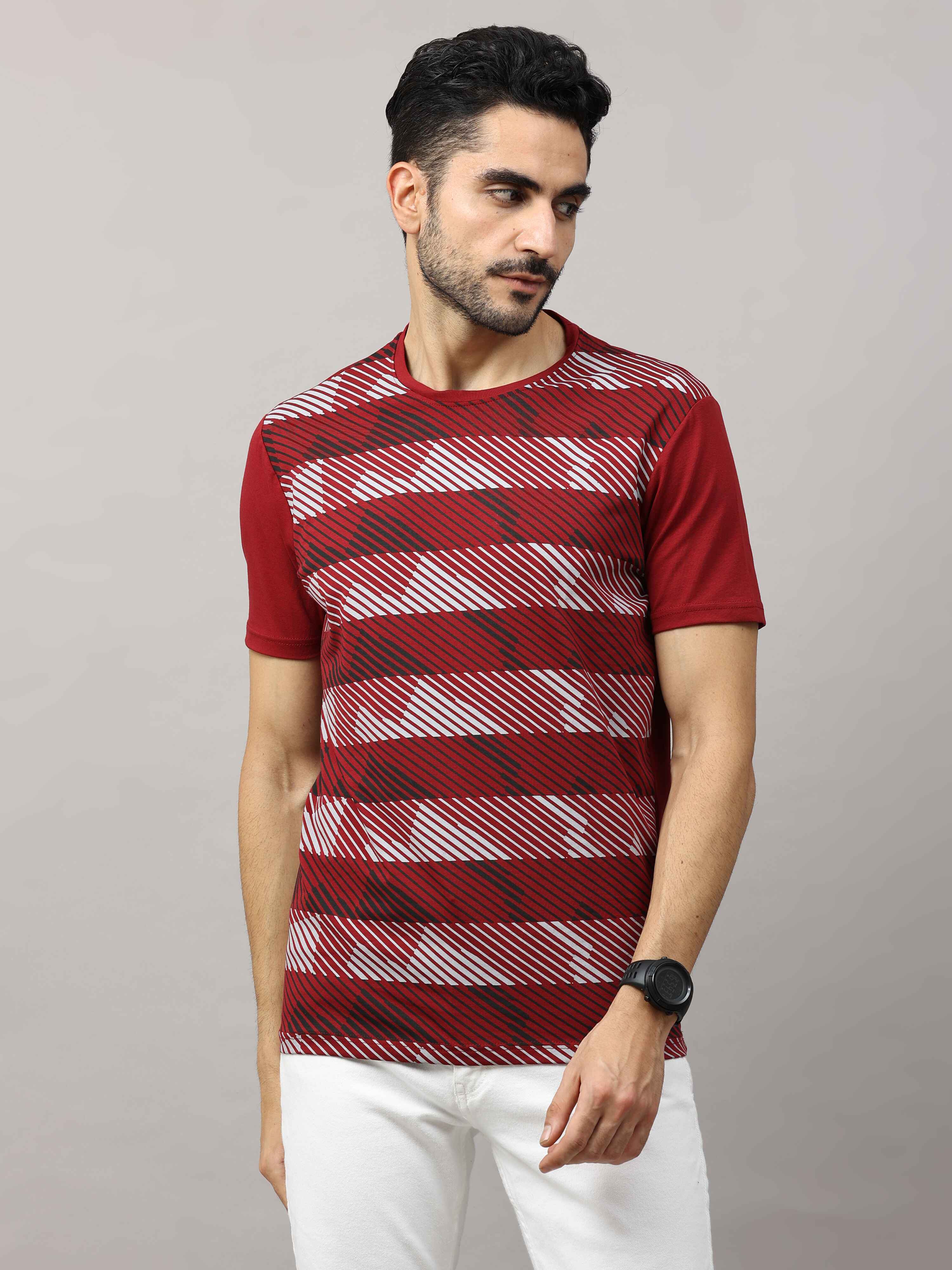 Men's Maroon Regular Fit Printed Half Sleeves Crew Neck T-Shirt