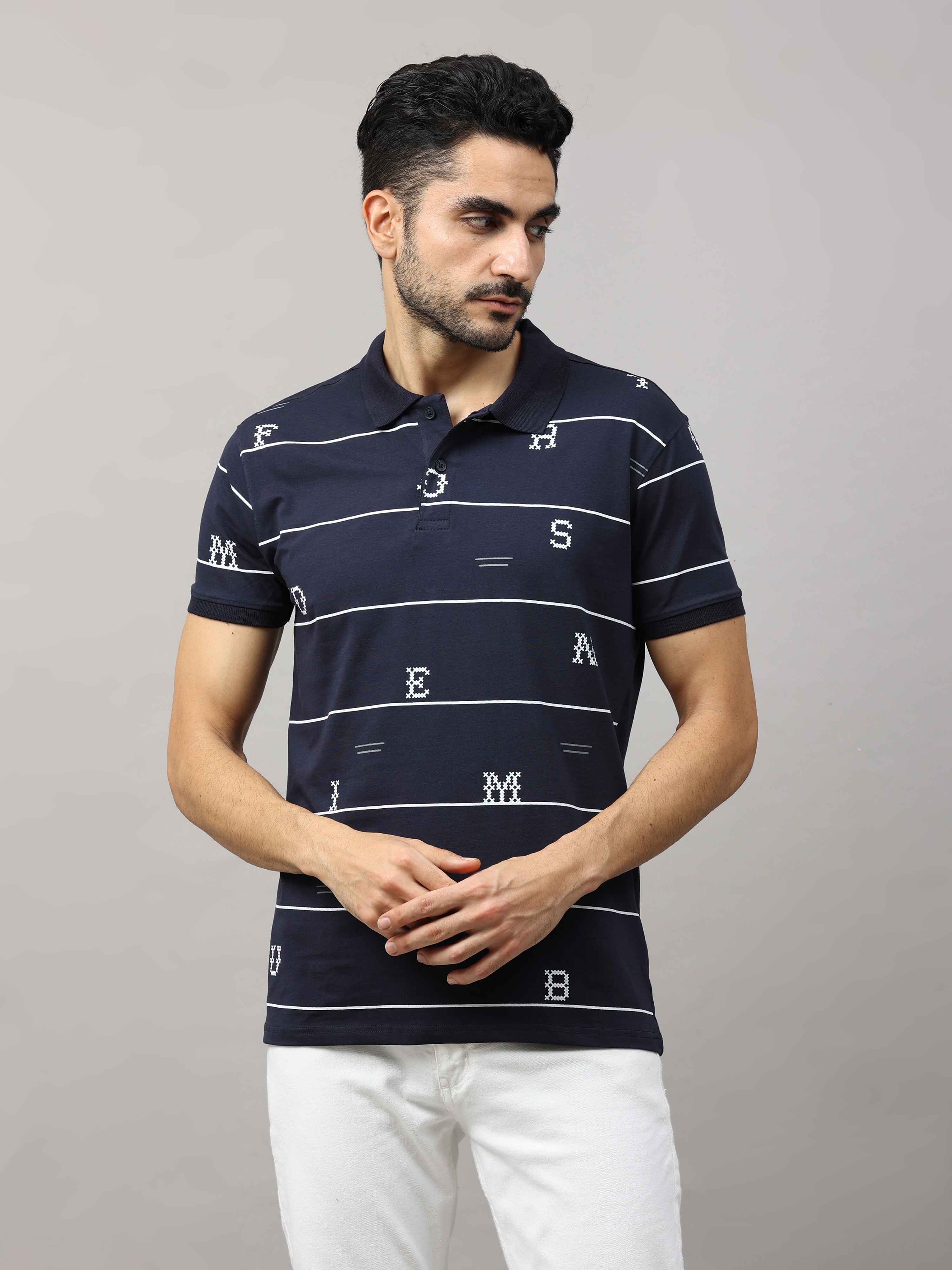 Men's Navy Regular Fit Printed Half Sleeves Polo Neck T-Shirt