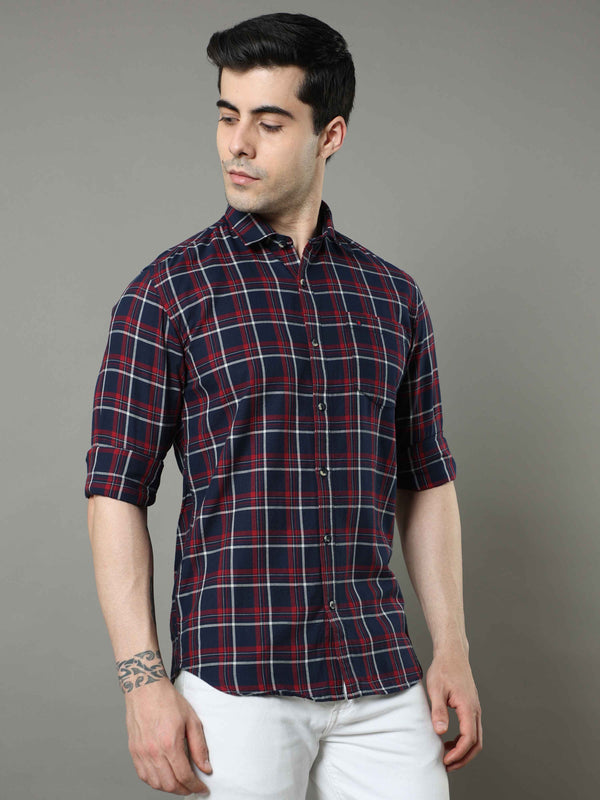 Men's Navy Slim Fit Checks Full Sleeves Casual Shirts