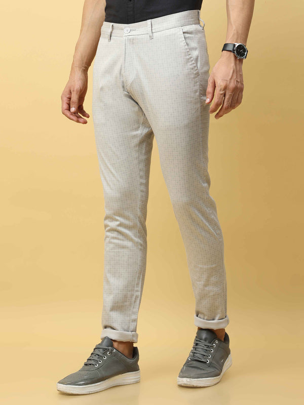 Men's Cream Narrow Fit Dobby Printed Causal Trouser