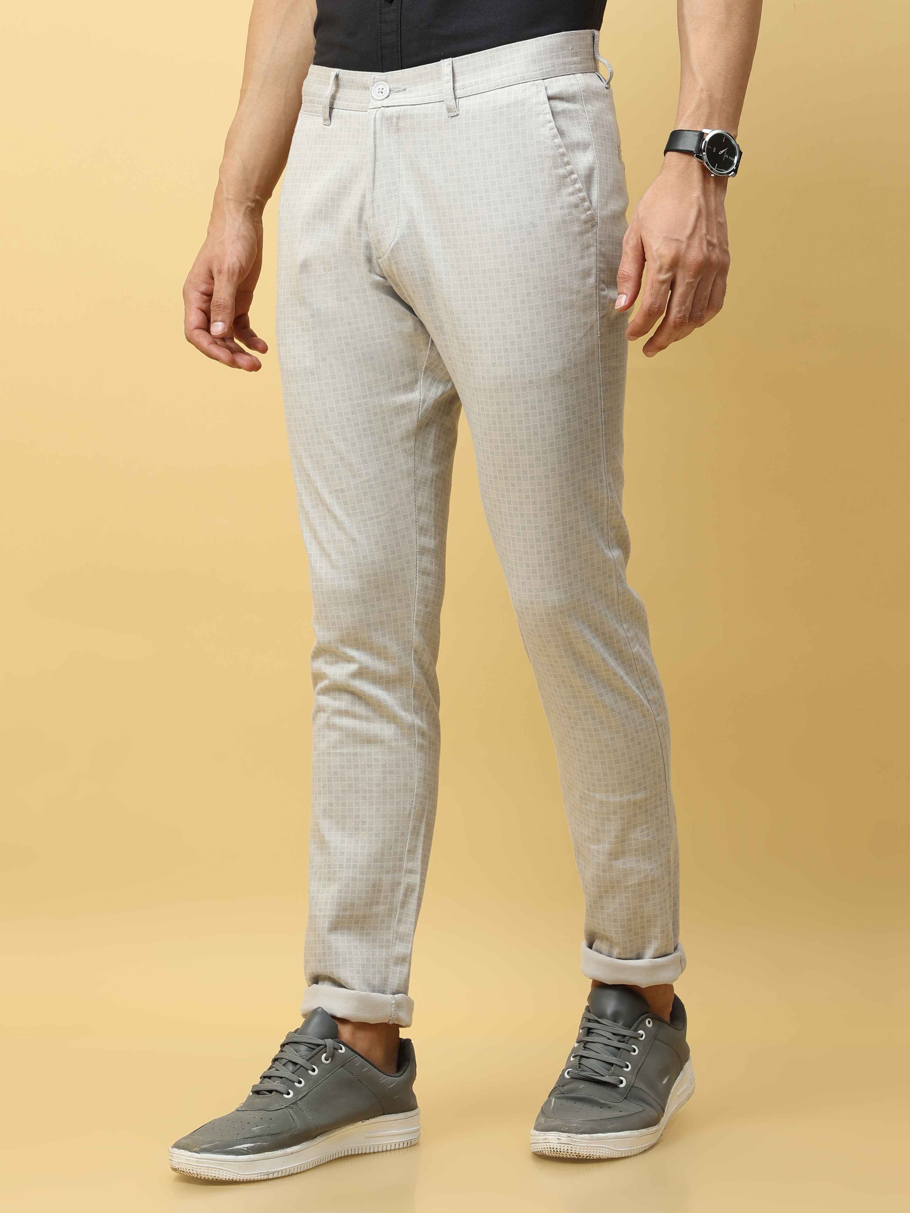 Men's Cream Narrow Fit Dobby Printed Causal Trouser