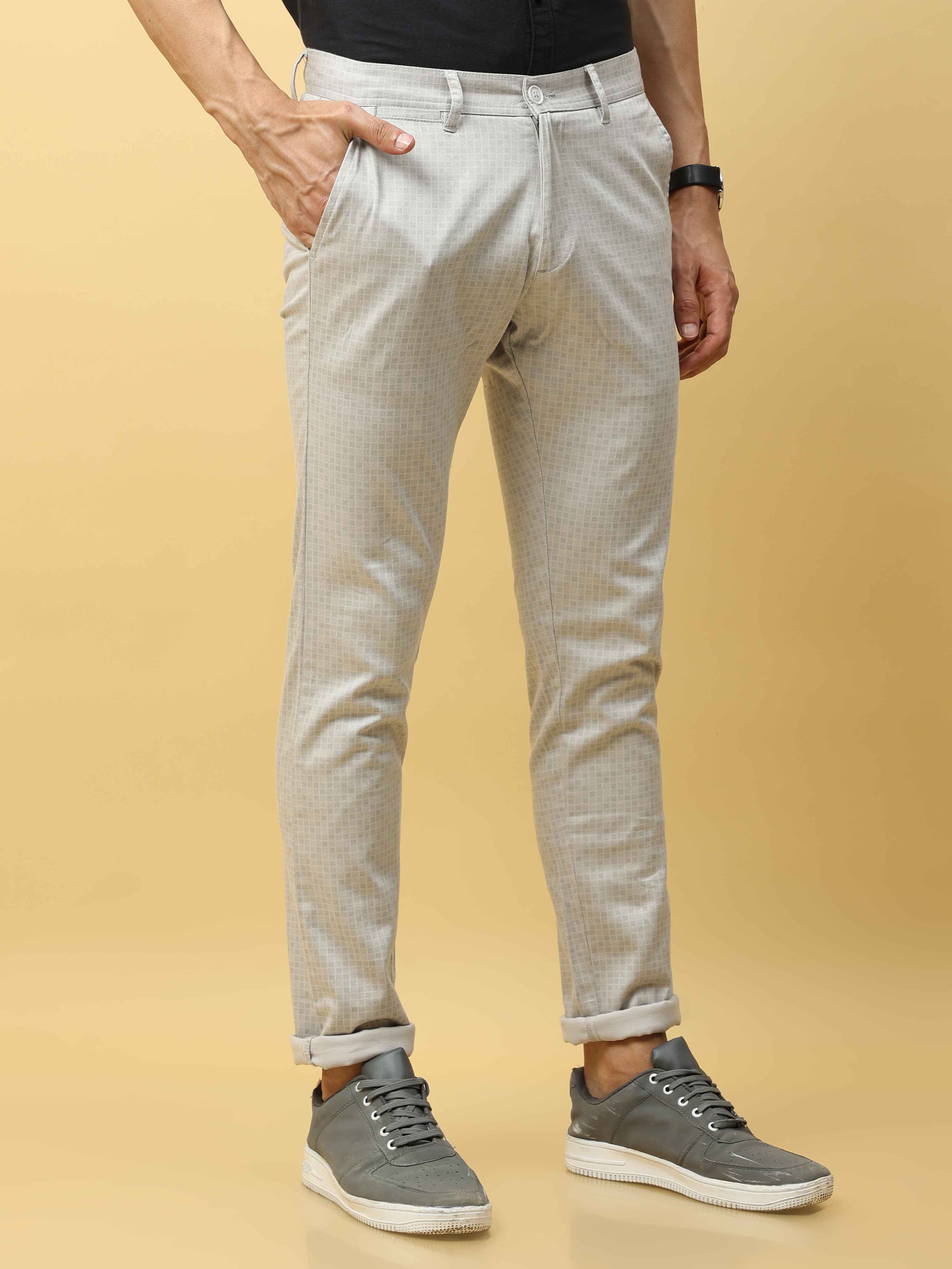 Men's Cream Narrow Fit Dobby Printed Causal Trouser