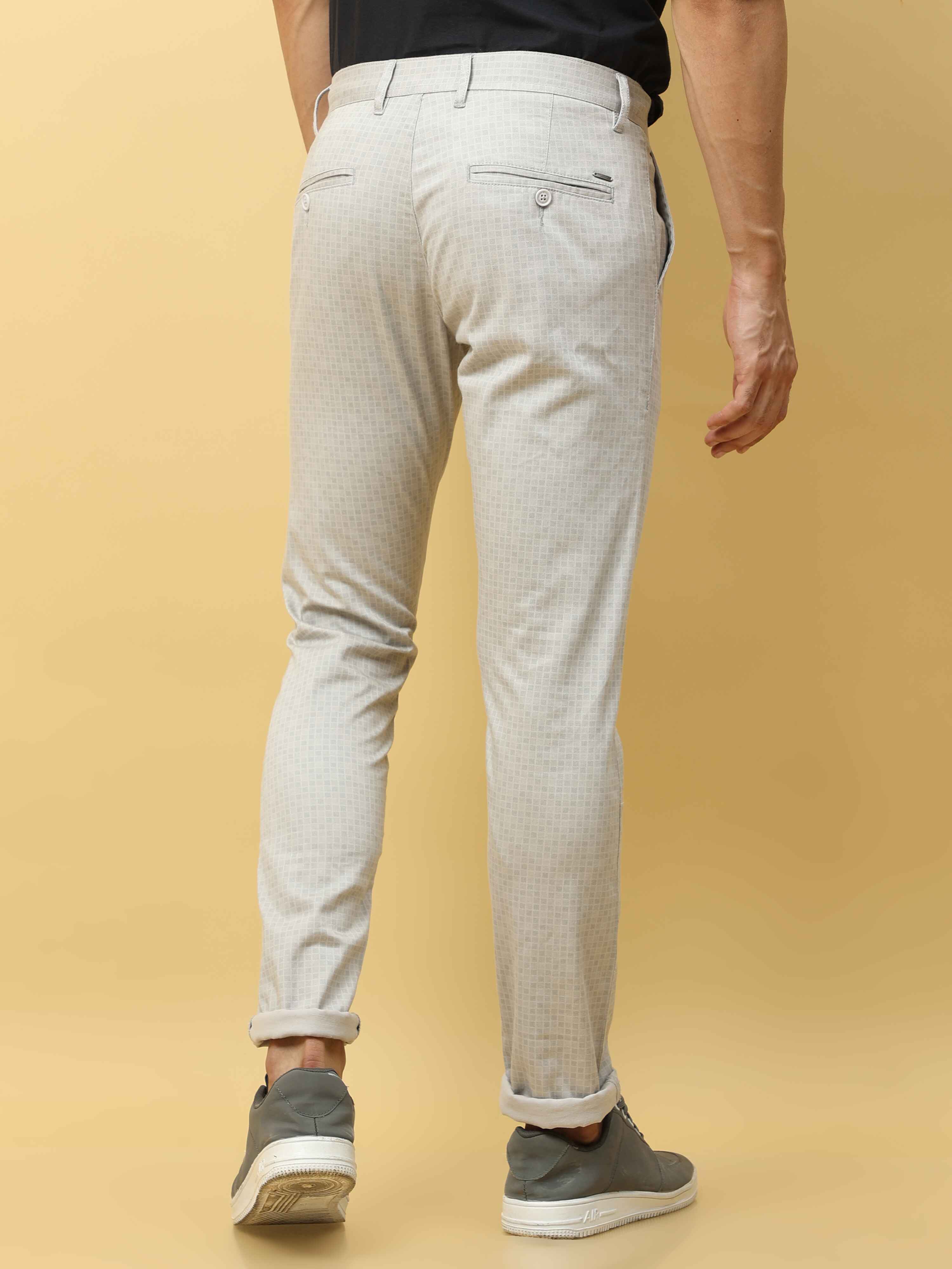 Men's Cream Narrow Fit Dobby Printed Causal Trouser