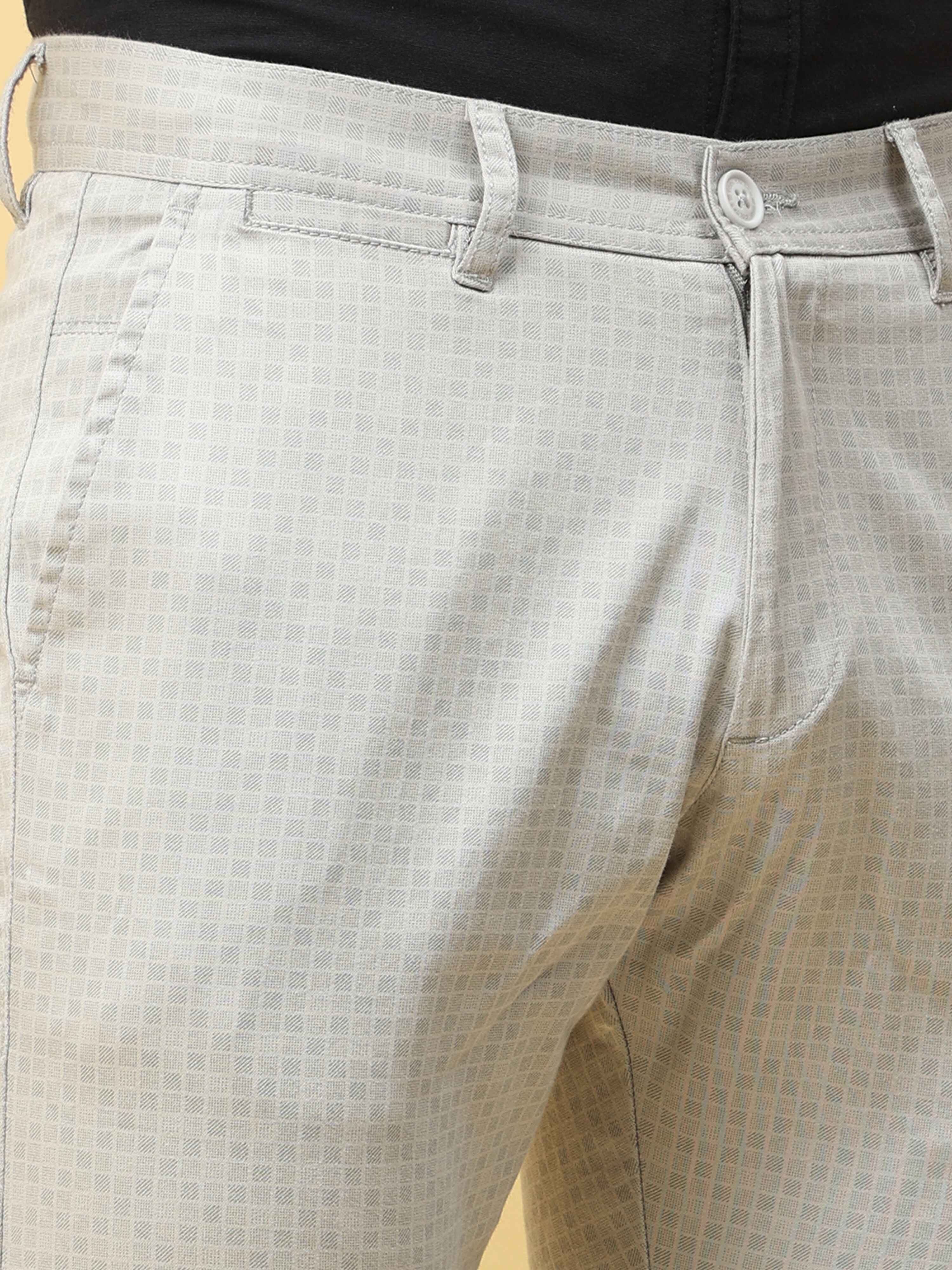 Men's Cream Narrow Fit Dobby Printed Causal Trouser
