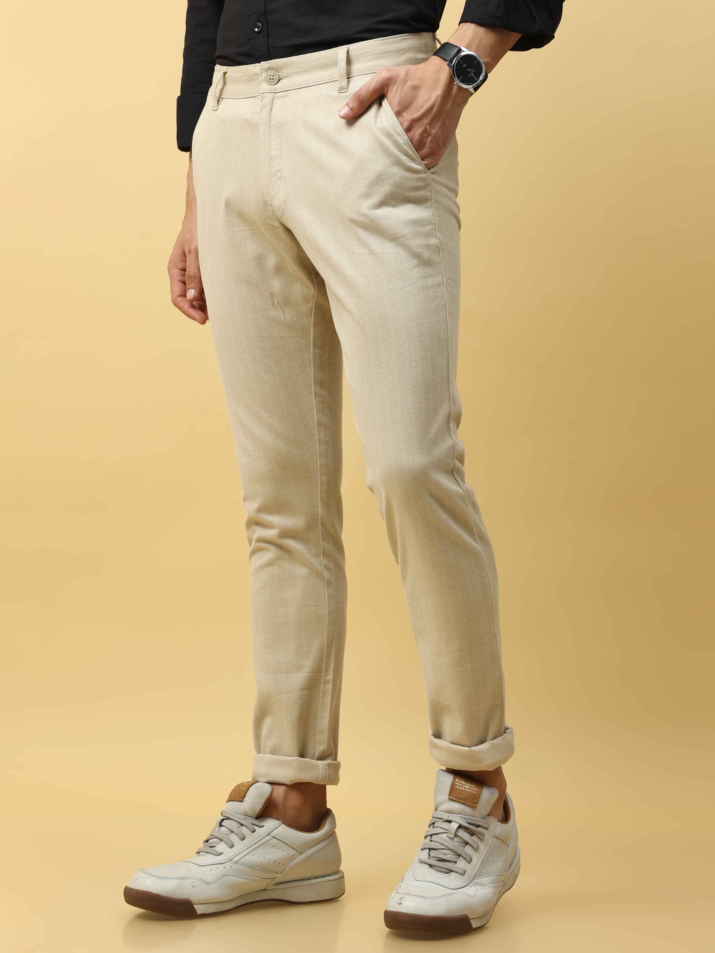Men's Khaki Narrow Fit Dobby Printed Casual Trouser