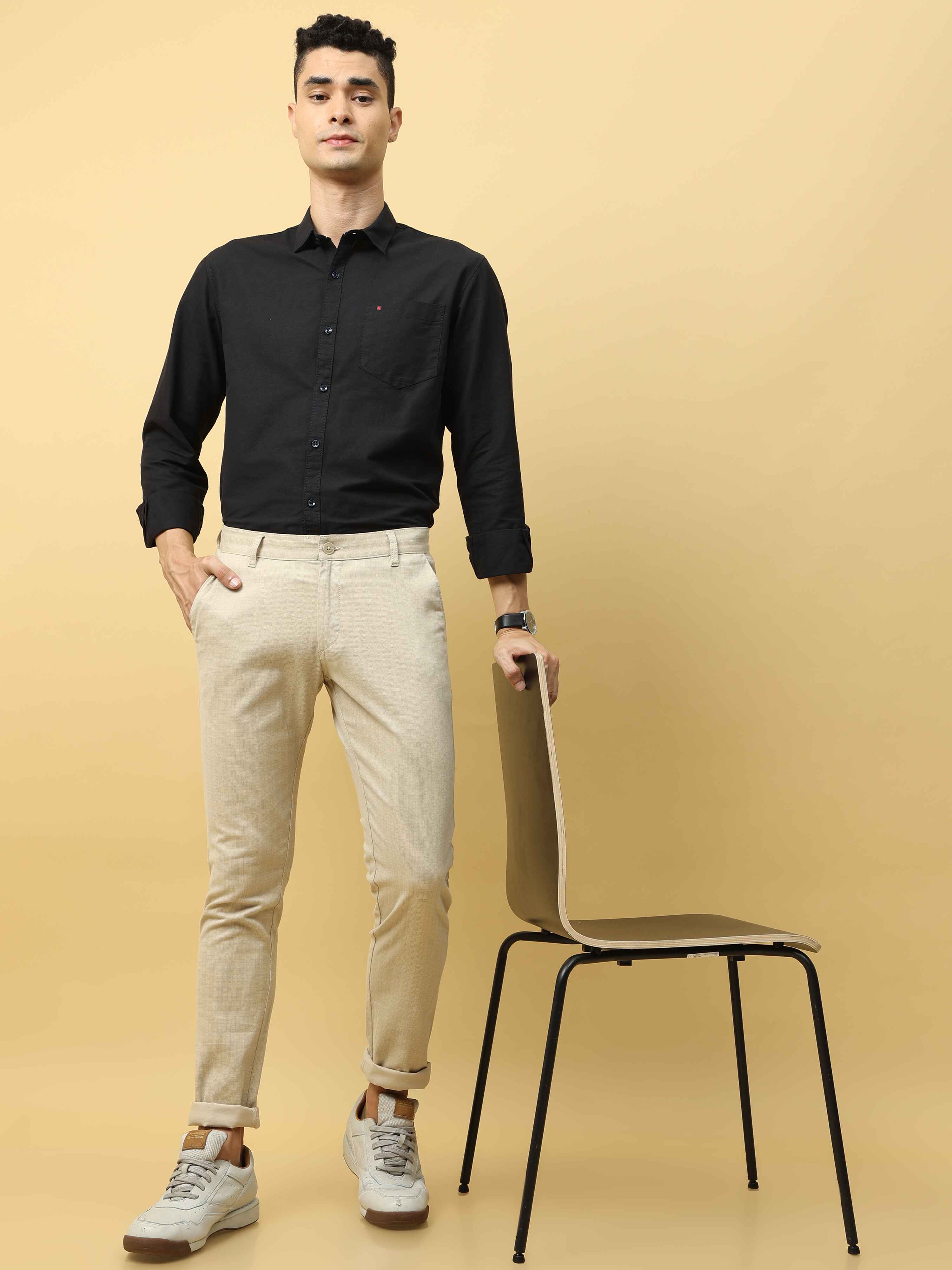 Men's Khaki Narrow Fit Dobby Printed Casual Trouser