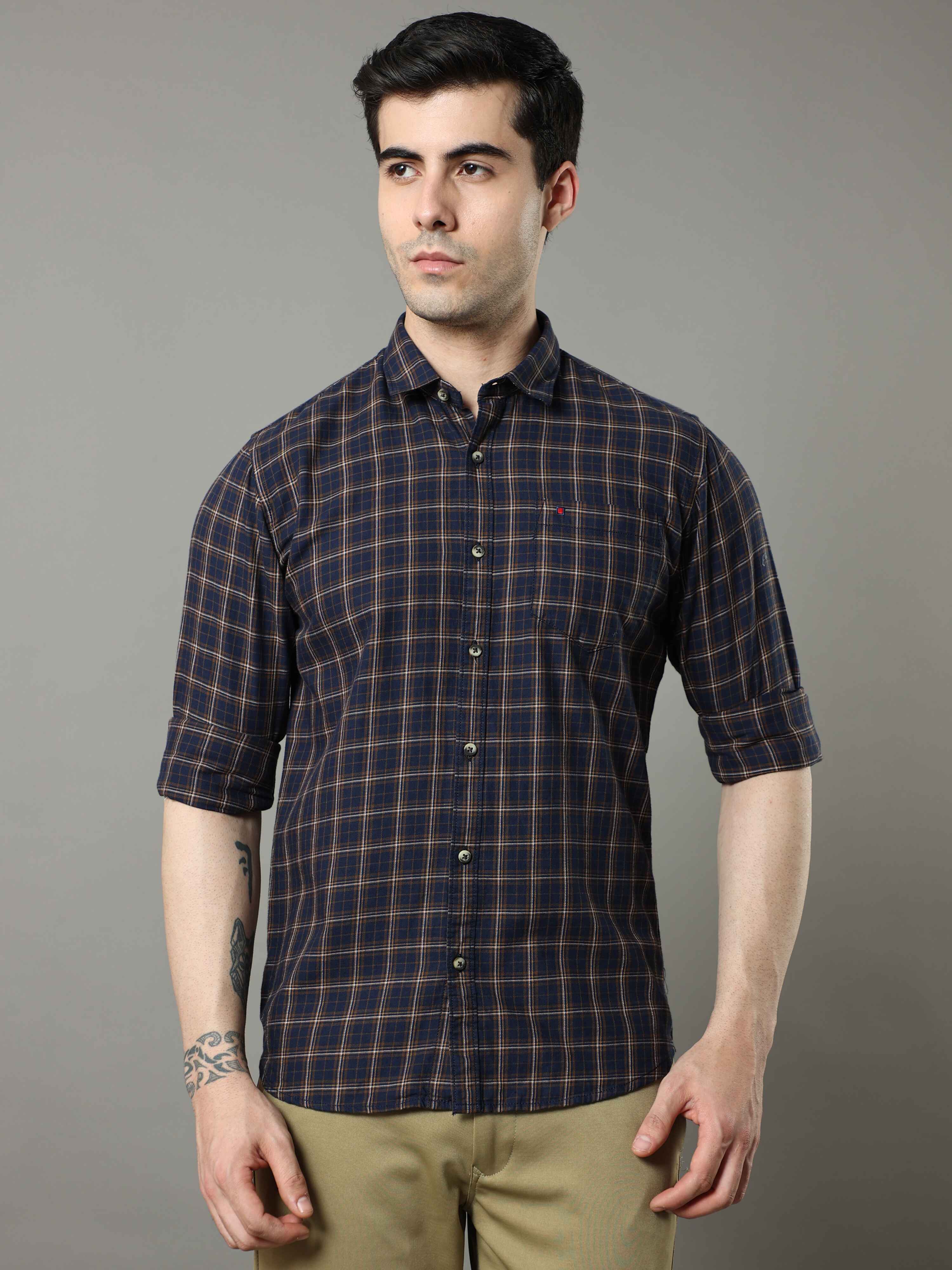 Men's Navy Mustard Slim Fit Checks Full Sleeves Casual Shirts