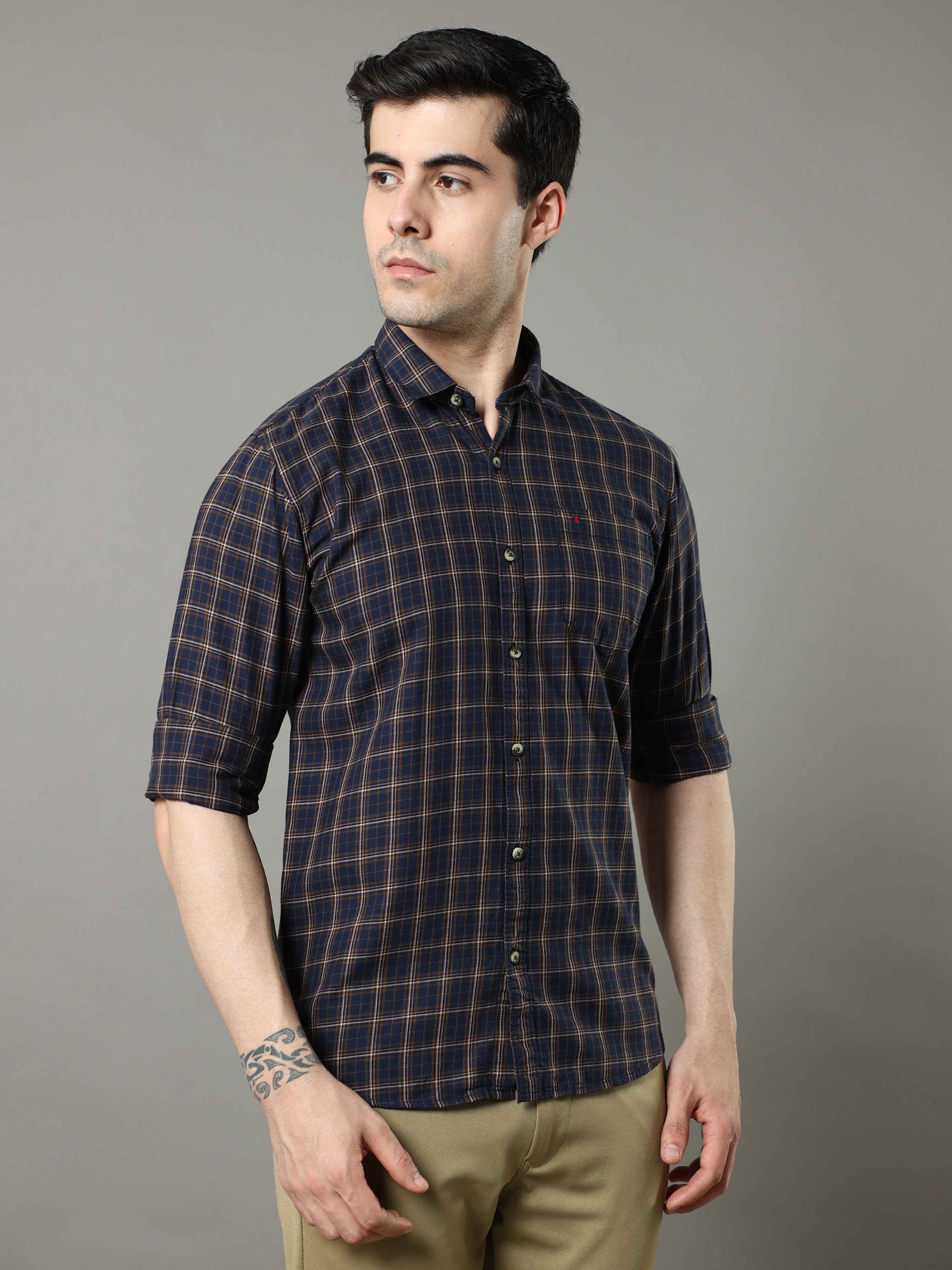 Men's Navy Mustard Slim Fit Checks Full Sleeves Casual Shirts