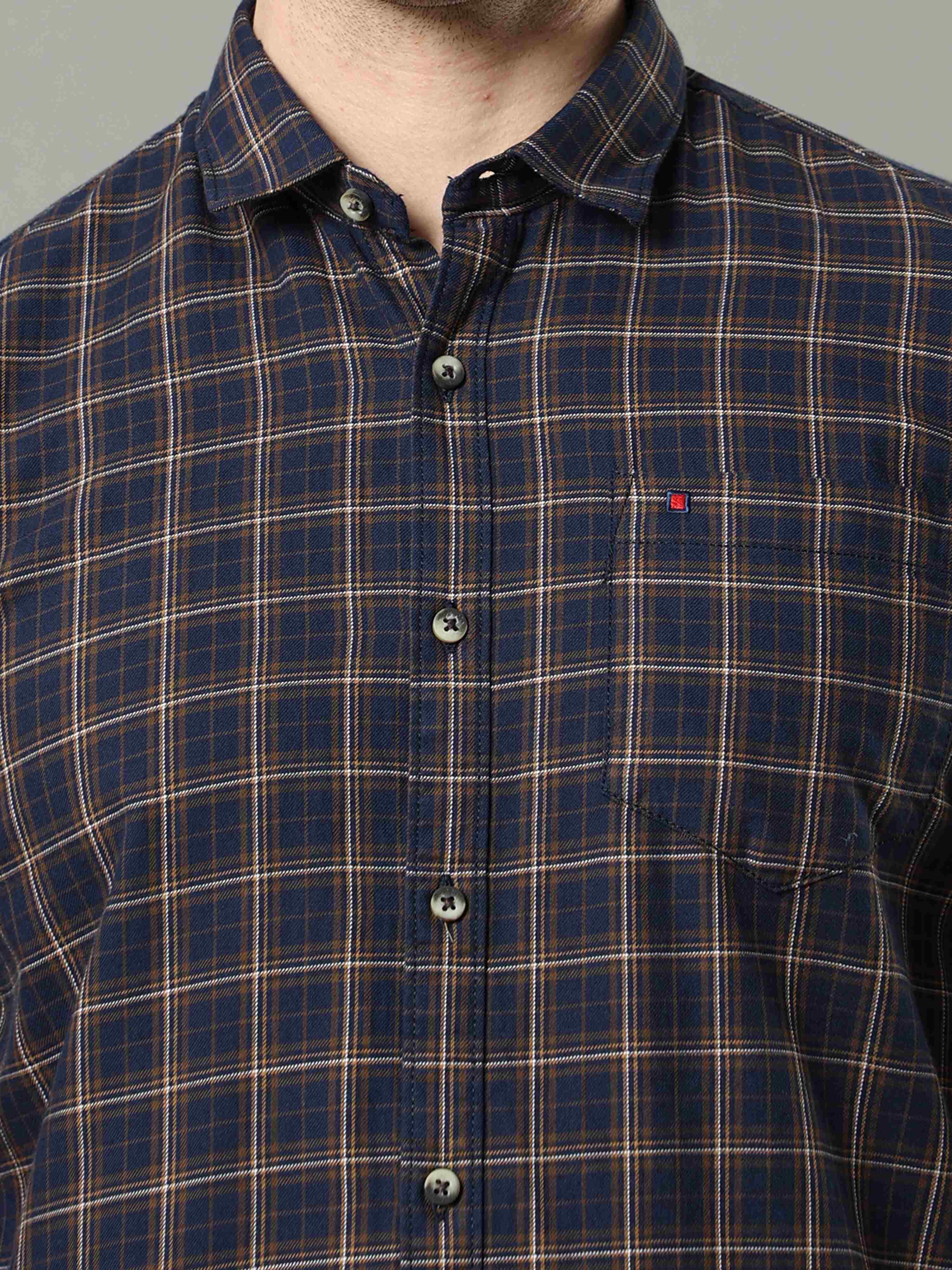 Men's Navy Mustard Slim Fit Checks Full Sleeves Casual Shirts