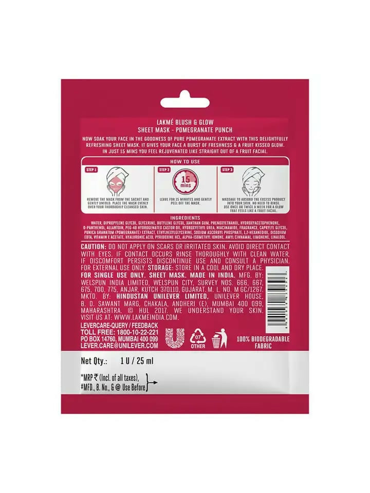 LAKME Blush & Glow FRUITY-LICIOUS SHEET MASK (Pack of 2) HalfPe - FW -TPT