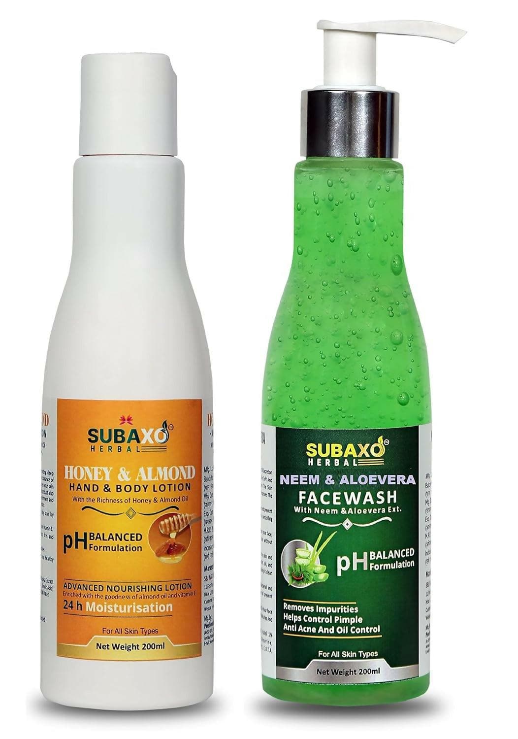 SUBAXO Honey & Almond Hand & Body Moisturizing Lotion (200 ml) and Neem AloeVera Face Wash (200ml) Combo - HalfPe