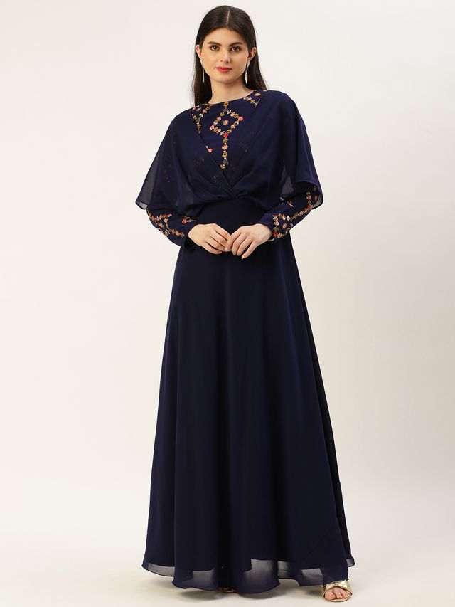 Bollywood Vogue Ready To Wear Royal Blue Georgette Embroidered Gown