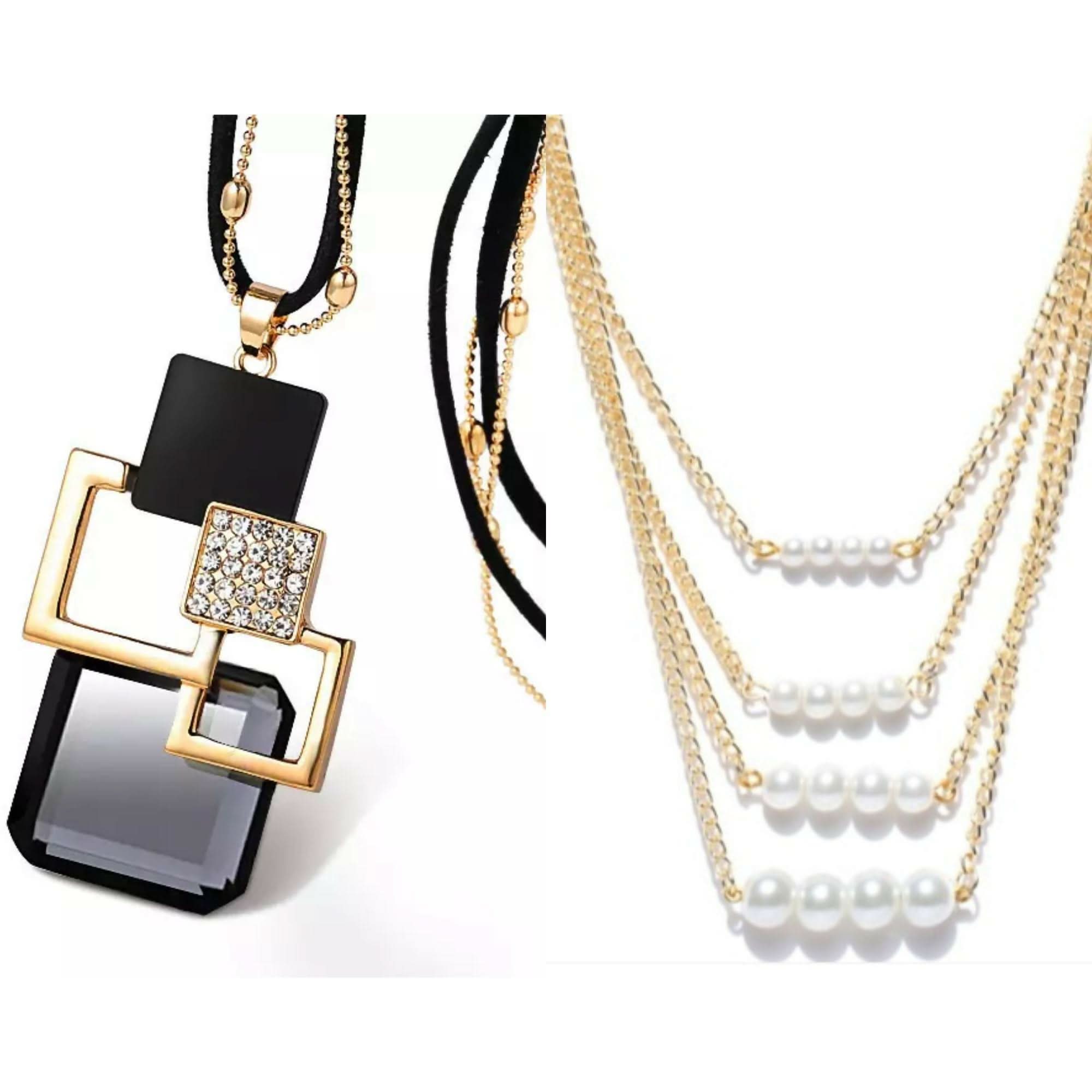 Pearl & Crystal Layered Necklace Set – 2-Piece Elegant Jewelry pinapes