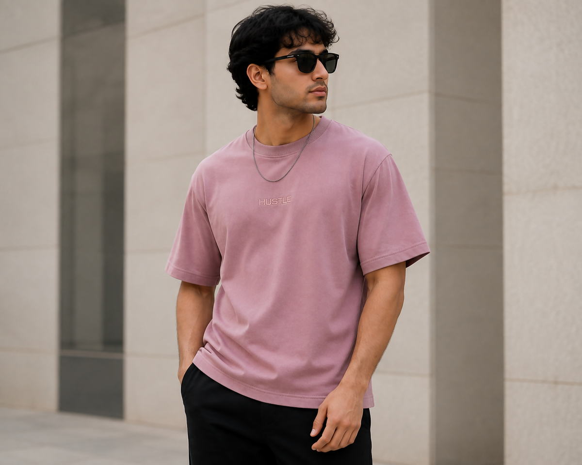 HUSTLE Men’s Casual T-Shirt – Dusty Pink | Relaxed Oversized Fit | Ribbed Crew Neck | Embroidered Logo