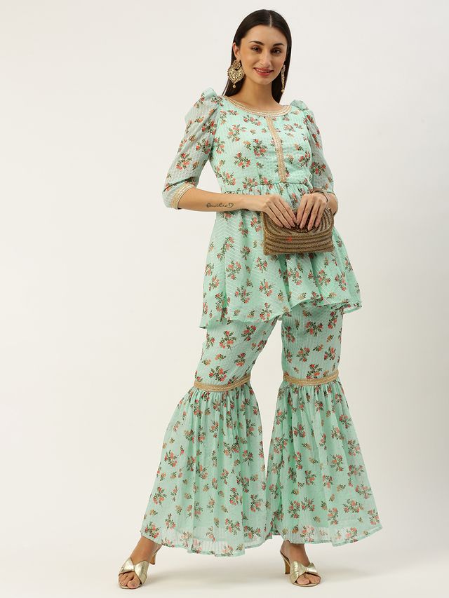 Bollywood Vogue Ready To Wear Mint Green Digital Printed Embroidered Co Ords Set