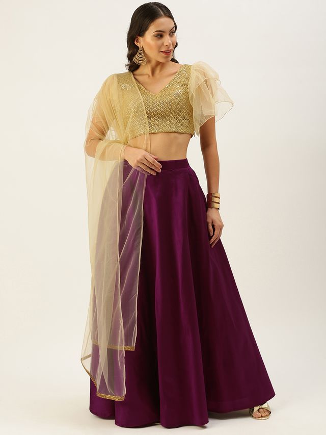 Bollywood Vogue Ready To Wear Gold N Purple Embroidered Ruffles Style Lehenga Set
