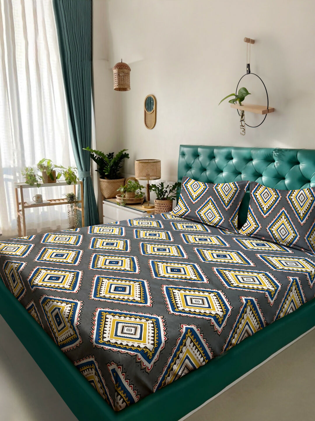 GAURA 218x240 cm Double Bedsheet with 2 Pillow Covers – Grey Geometric Diamond Print PANCHAJANYA FASHIONS