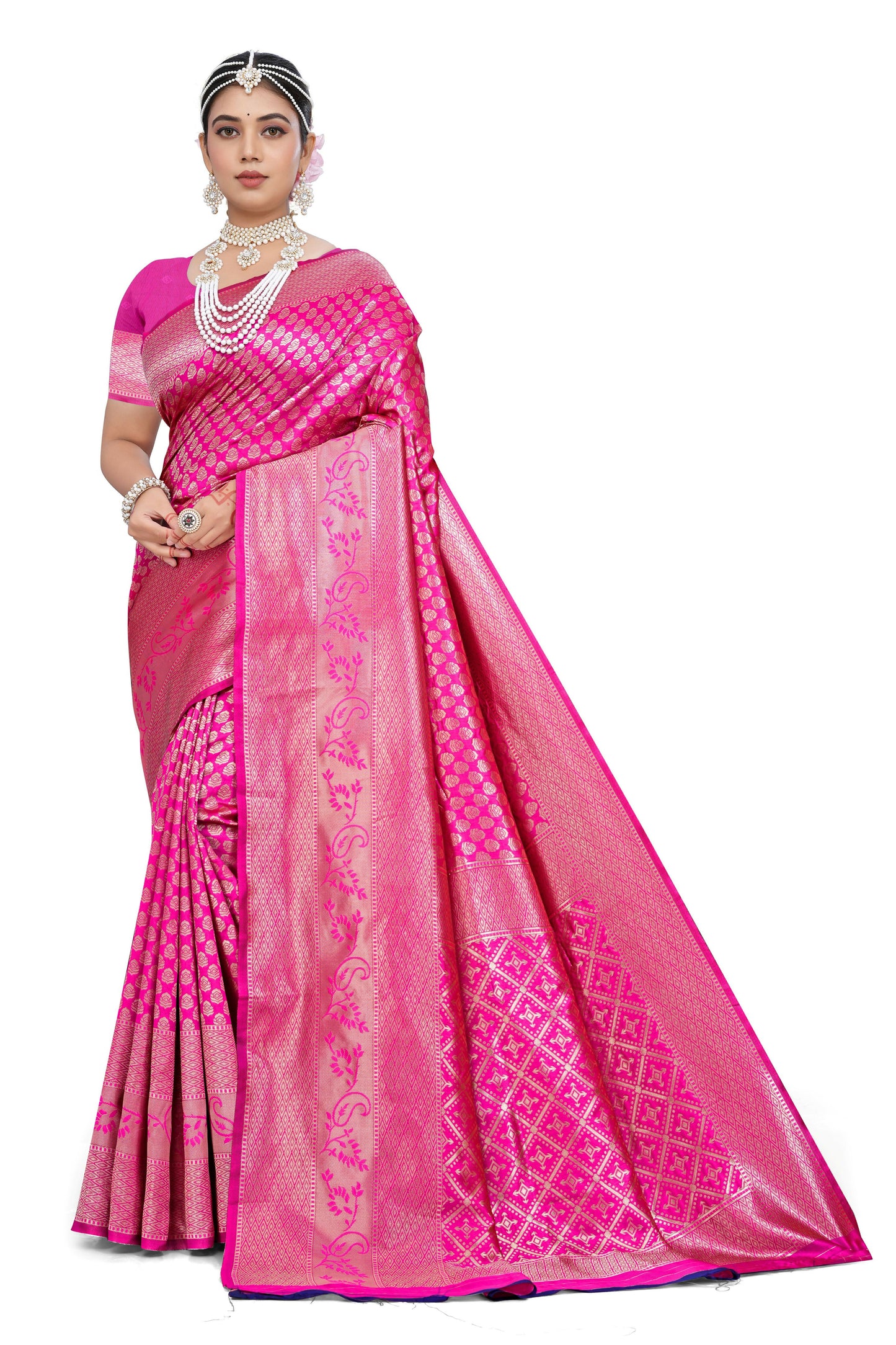 AXONIT Royal Banarasi Silk Saree with Intricate Golden Zari Weaving