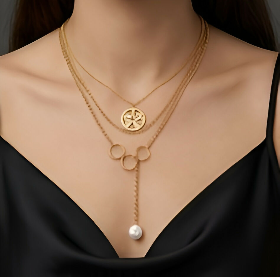Elegant Dual-Layer Gold-Tone Necklace Set with Geometric Rings & Charm Pendant